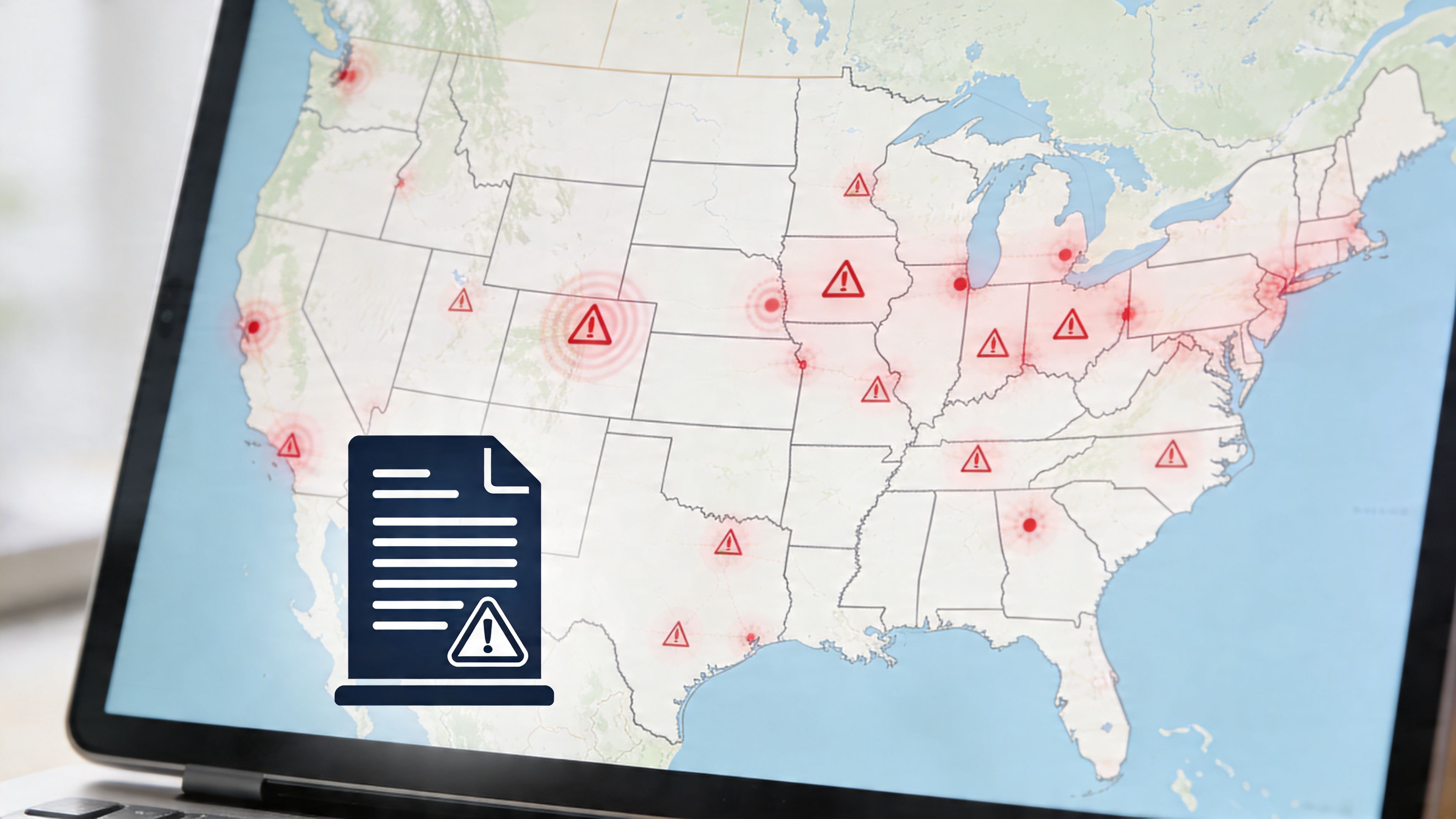 A laptop screen showing a map of the United States with multiple red warning alert icons displayed.