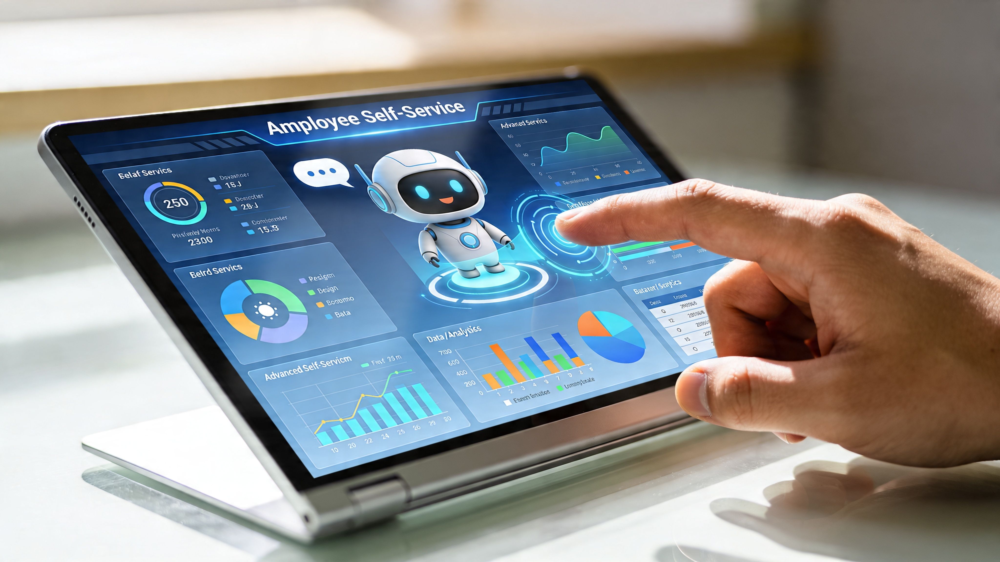 A hand interacting with a digital tablet displaying an employee self-service dashboard with an AI chatbot interface.