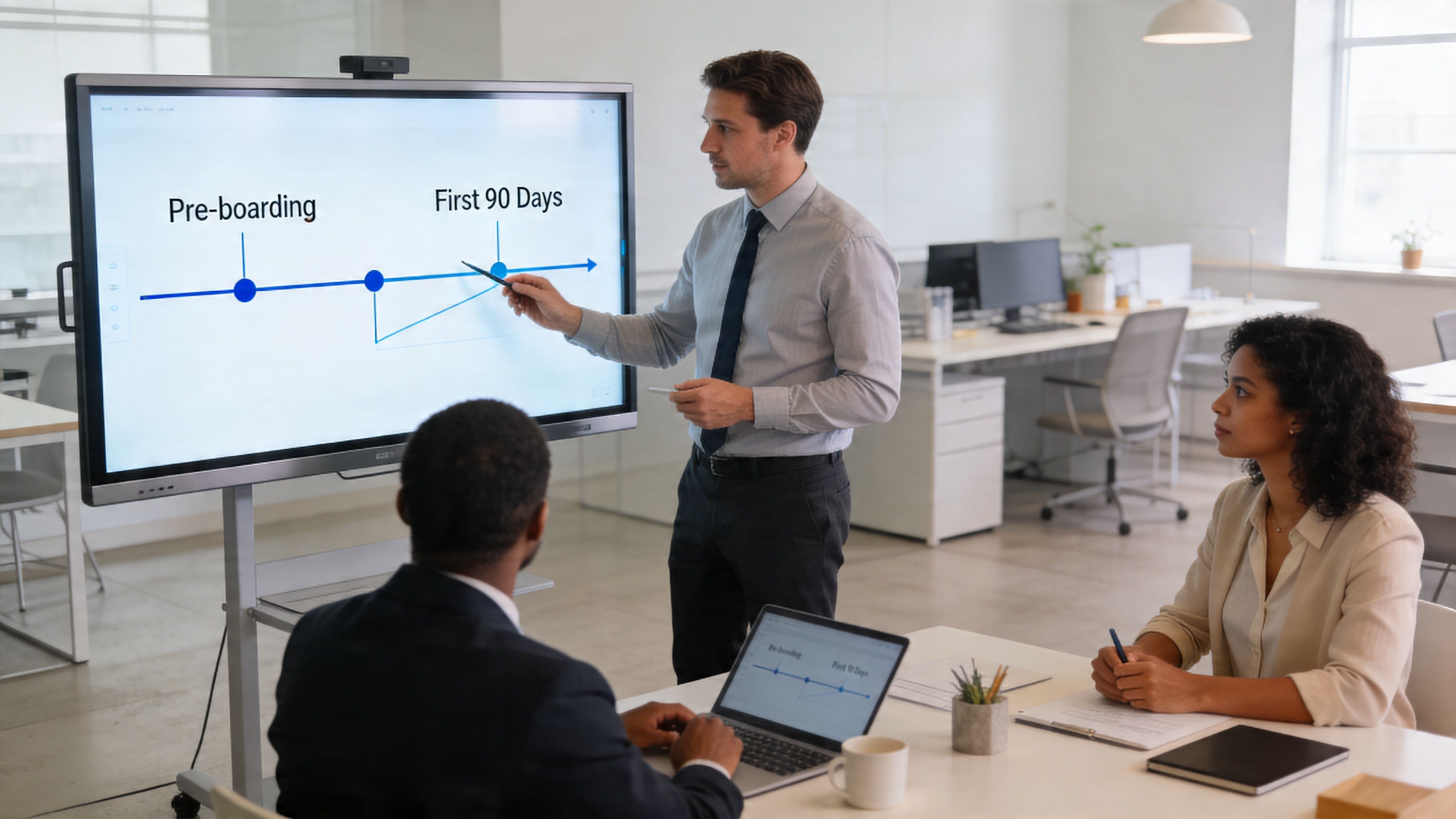 A professional man presents an onboarding timeline to two colleagues in a modern, bright office meeting space.