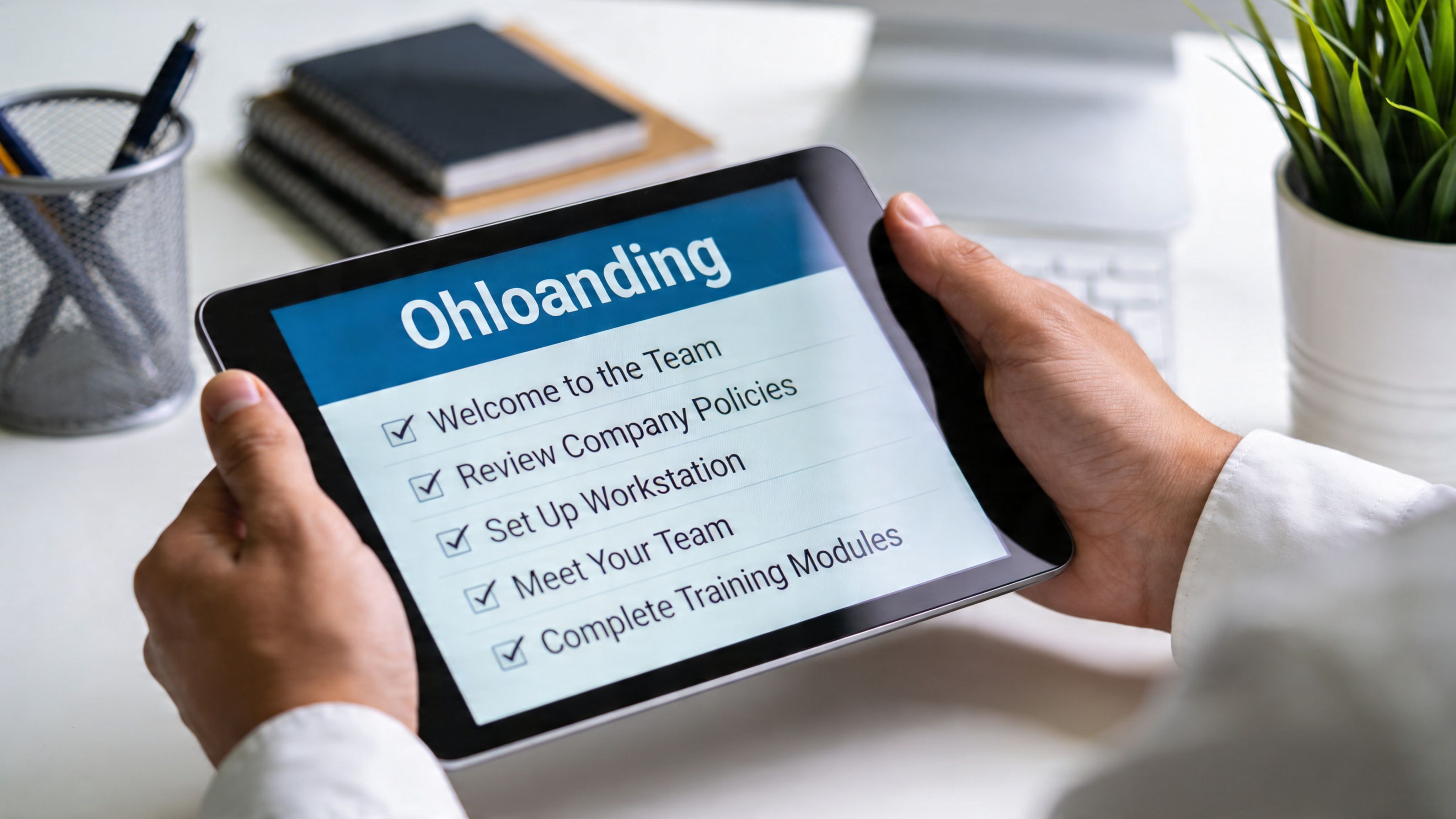 A professional holding a tablet displaying a digital checklist for new employee onboarding and training procedures.