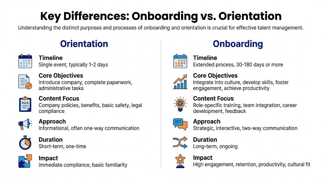 A comparison chart outlining the key differences between employee orientation and the ongoing onboarding process.