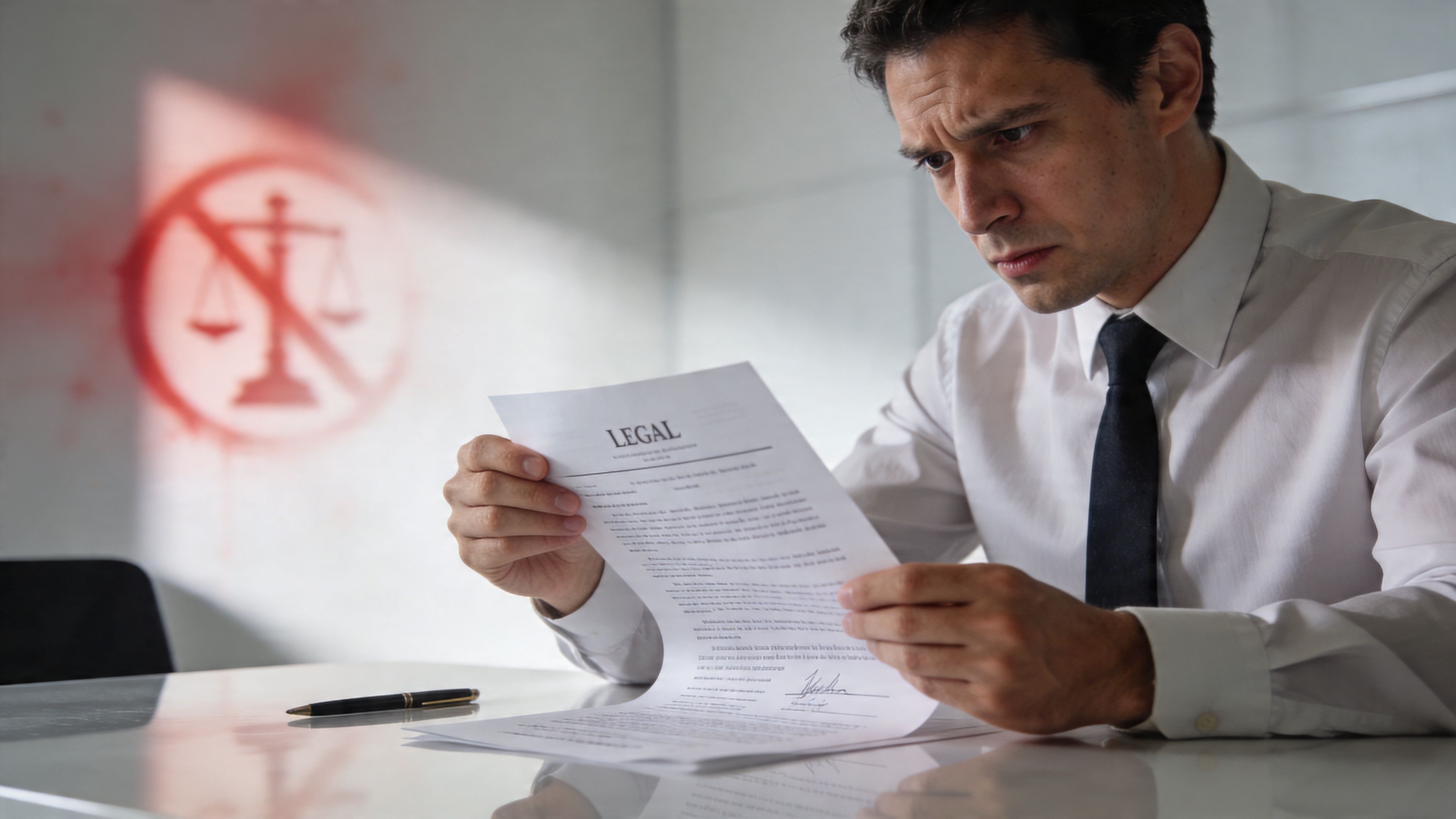 A concerned businessman in a suit reading a legal document with a symbol of injustice behind him.