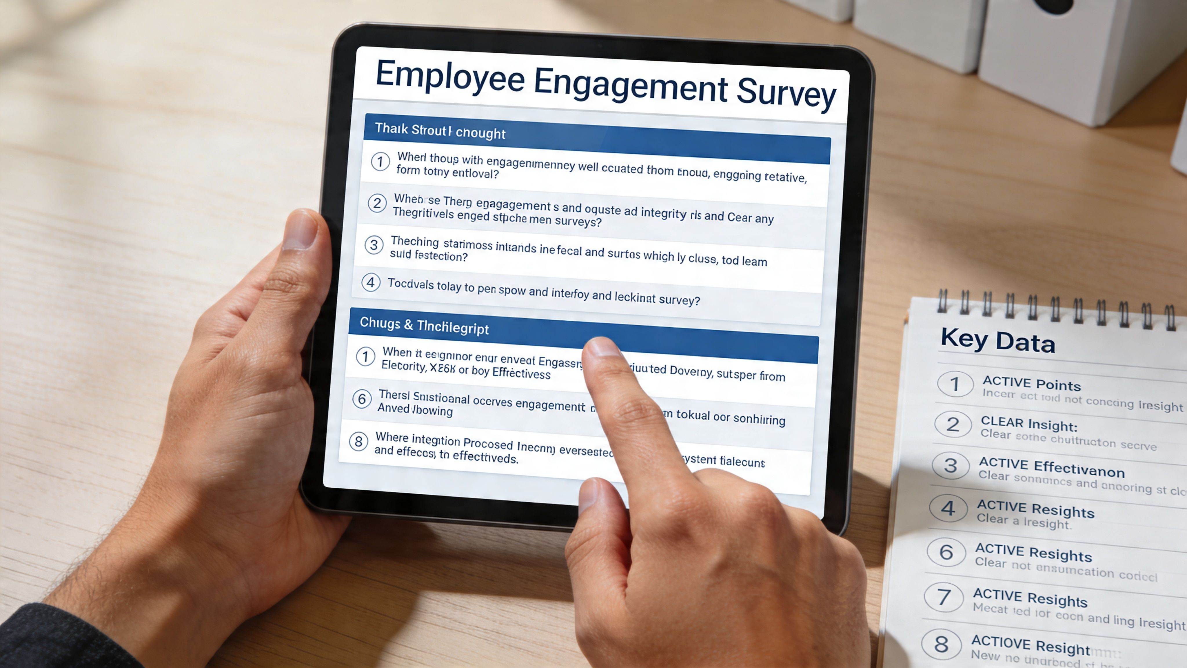 A person holding a tablet displaying an employee engagement survey while reviewing a key data report.
