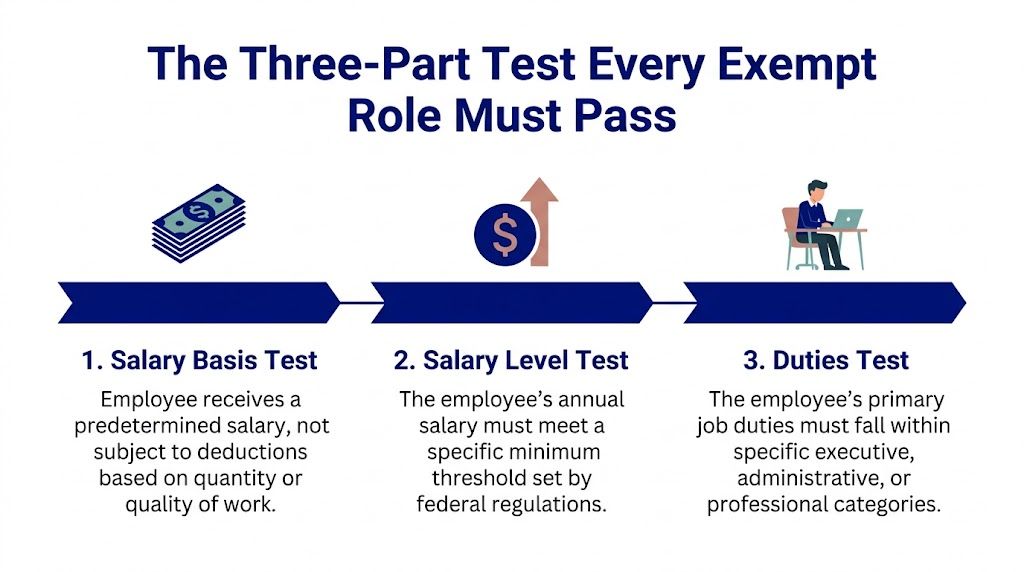 An infographic showing the three requirements for an exempt employee to be ineligible for overtime pay.
