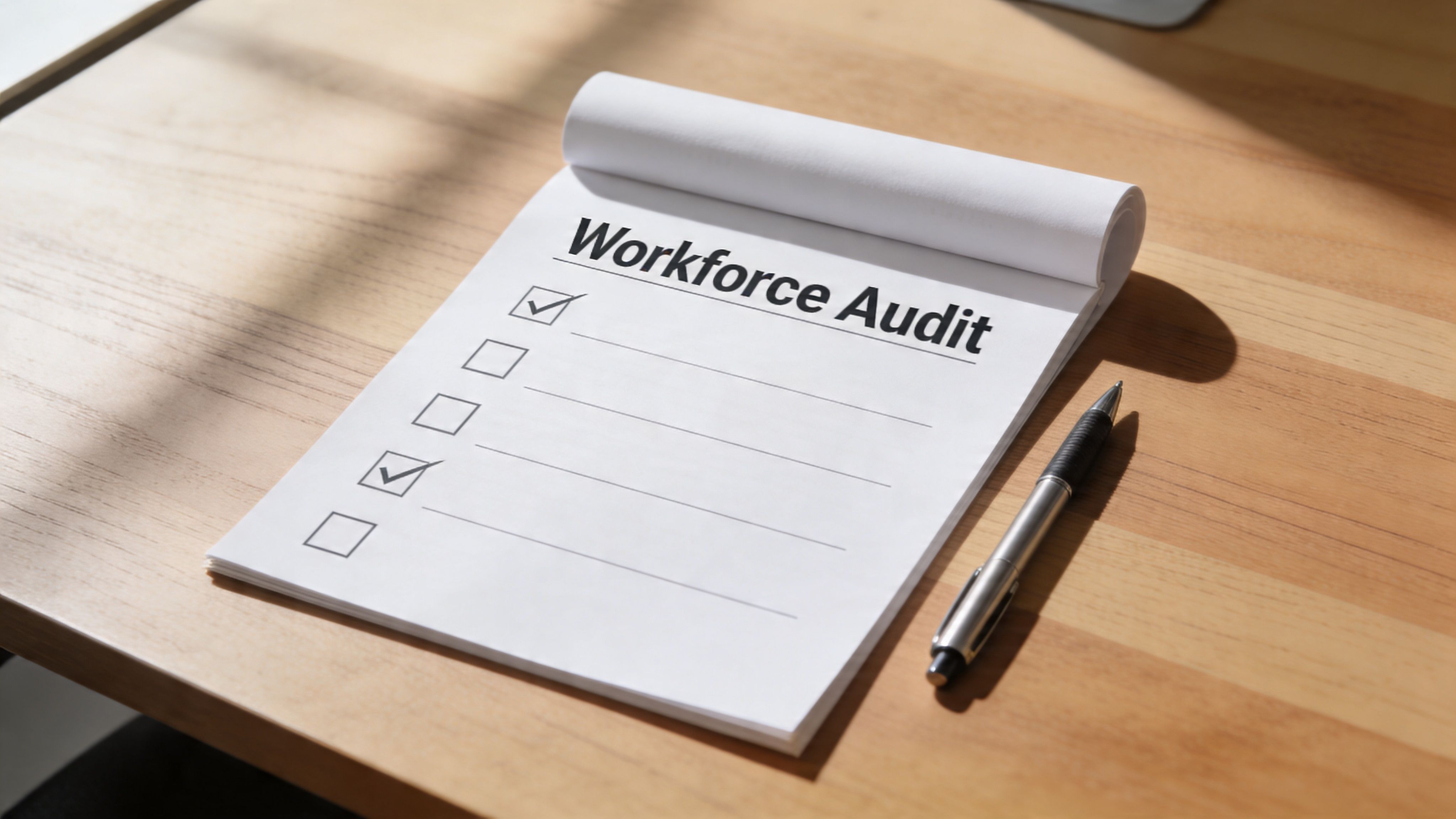 A notepad labeled Workforce Audit with two checked boxes and a pen on a wooden desk.