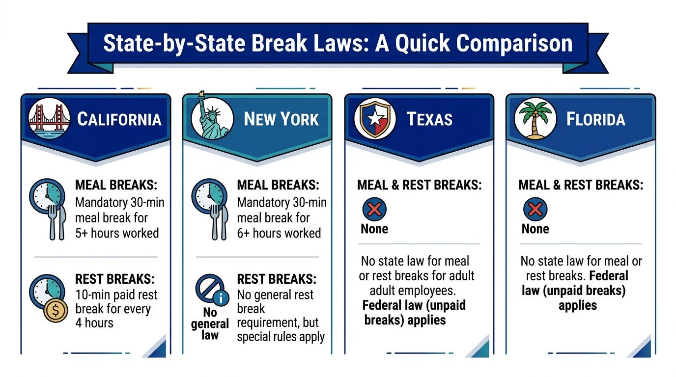 A comparison chart outlining state meal and rest break laws for California, New York, Texas, and Florida.