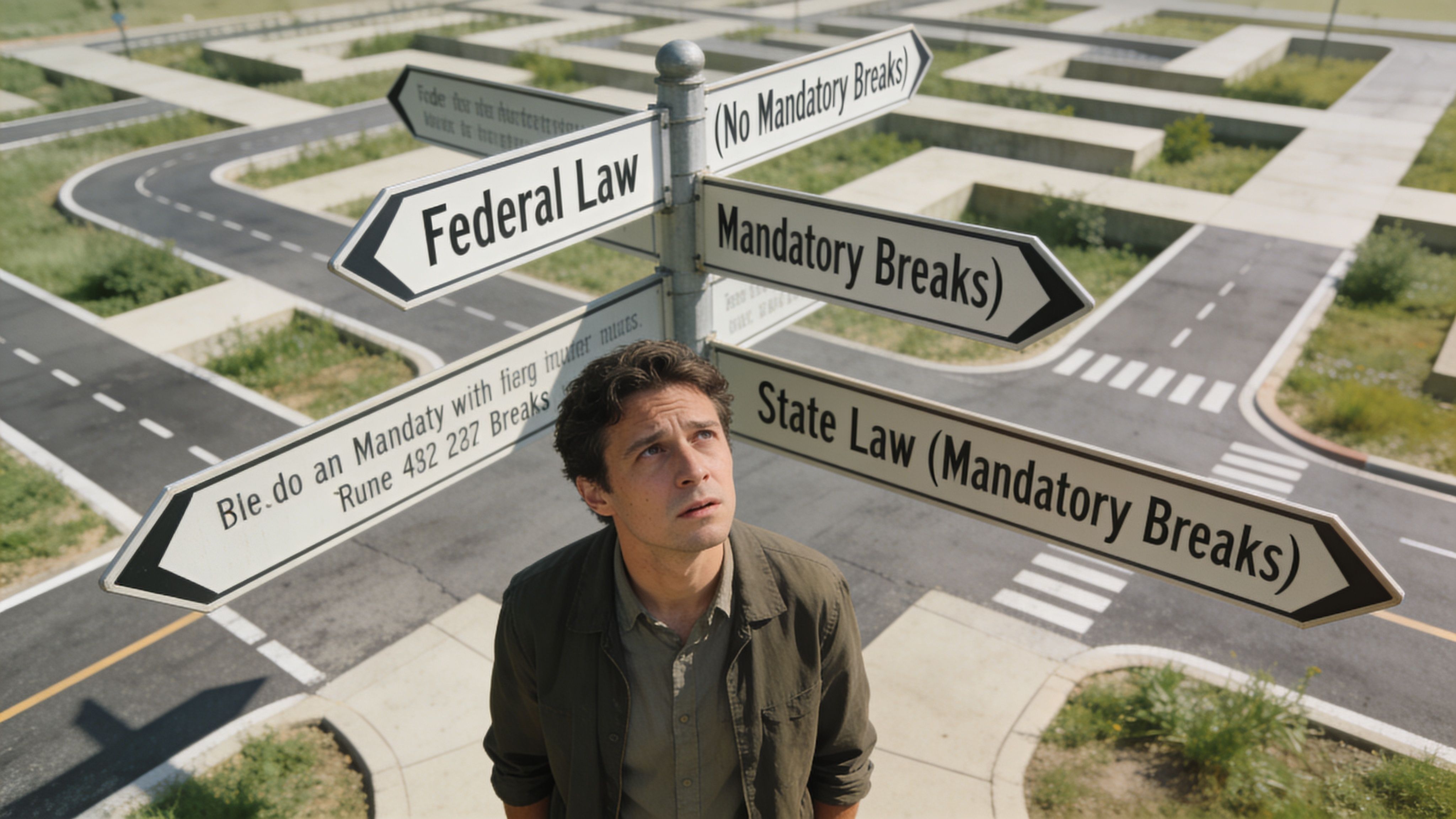 A confused man standing at a crossroads with signposts illustrating the conflict between federal and state labor laws.