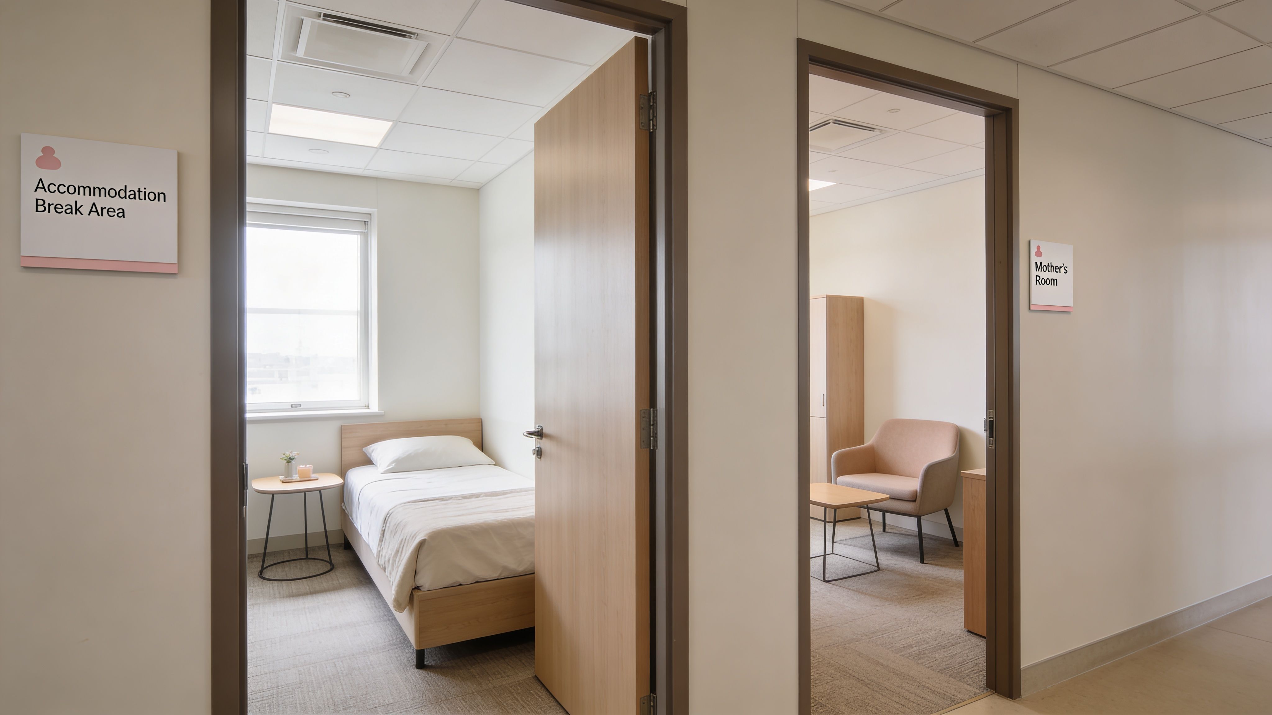 Two adjacent private rooms, one an accommodation break area and the other a designated mother's room.