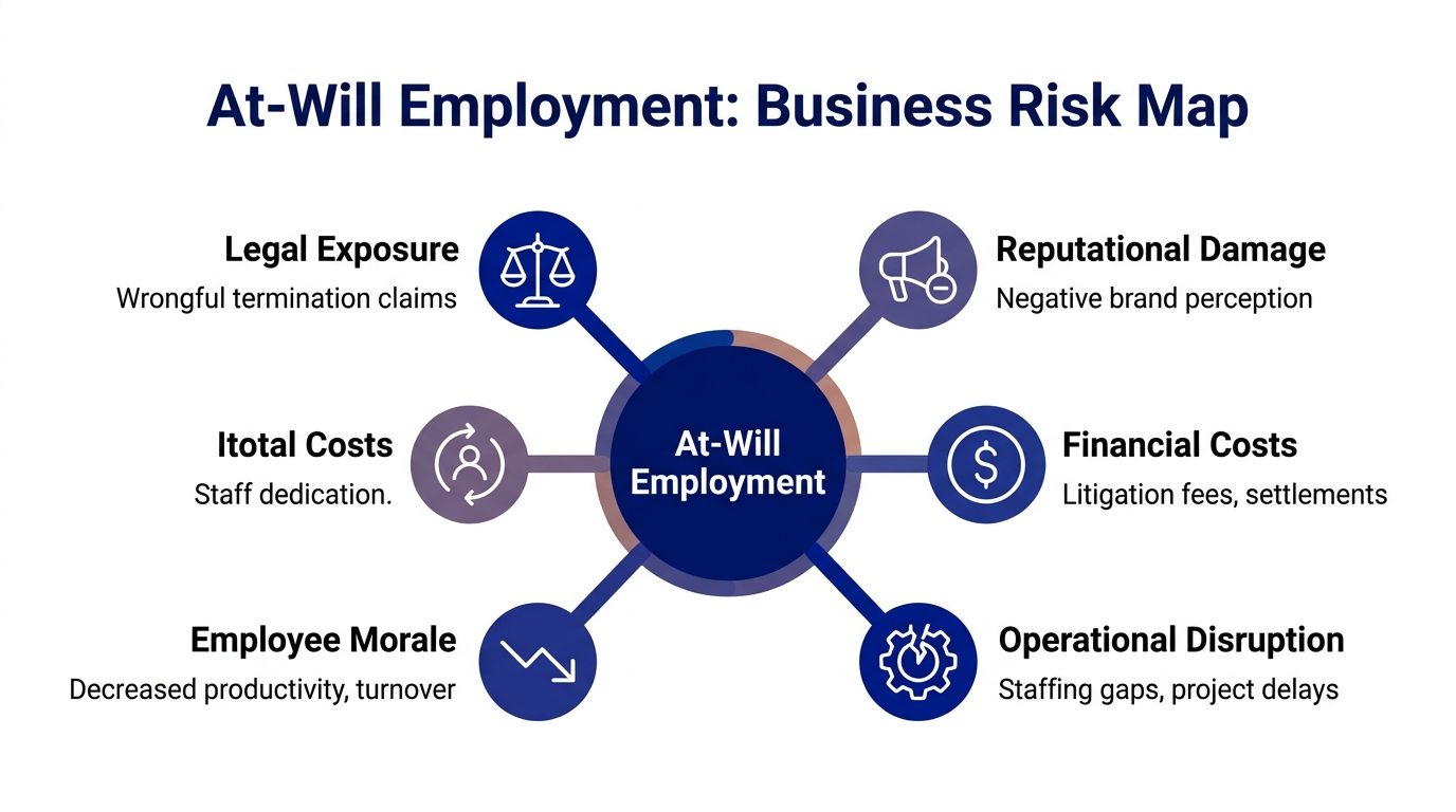 A diagram illustrating the various business risks associated with at-will employment including legal, financial, and operational challenges.