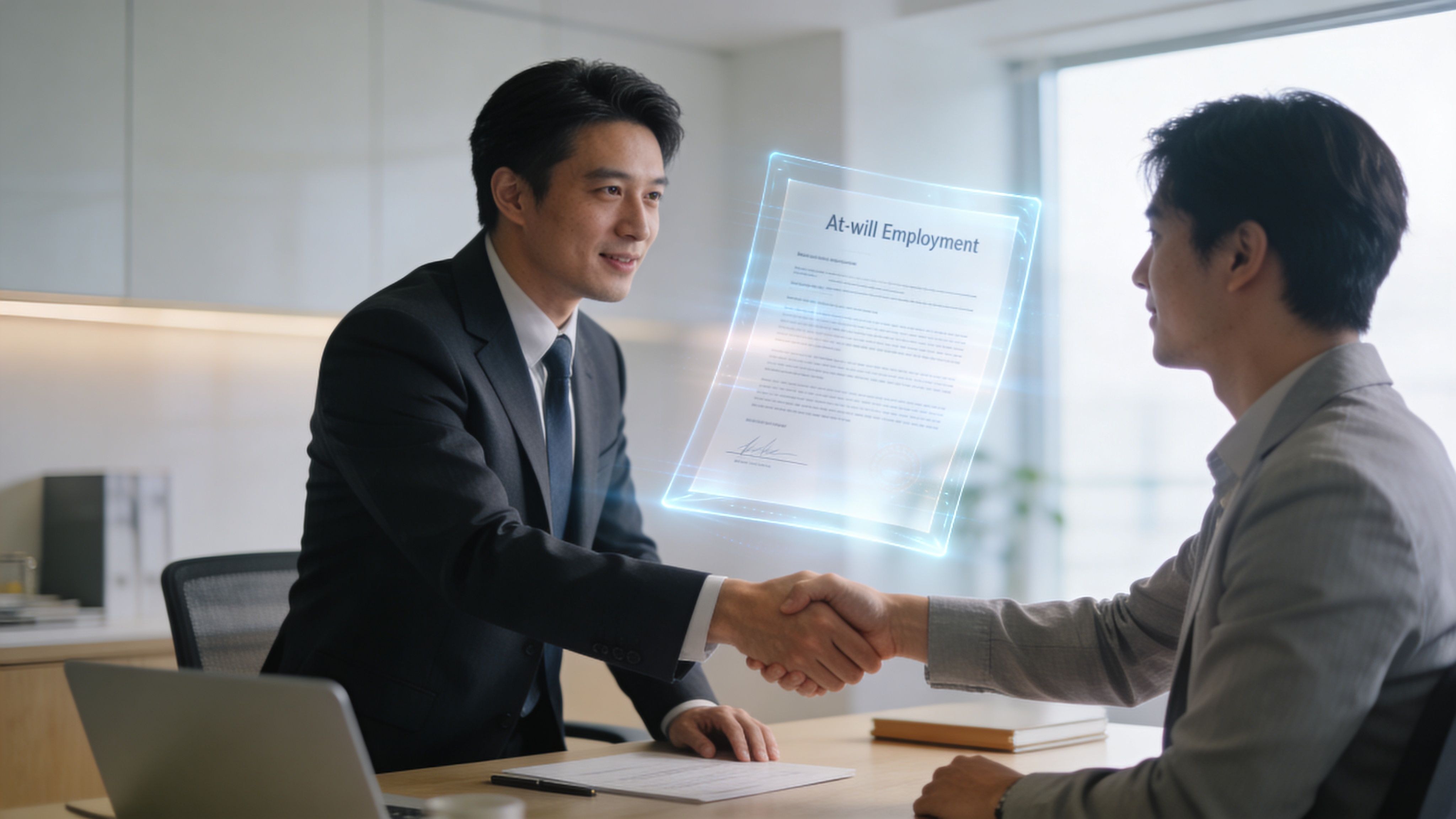A professional hiring manager shaking hands with a new employee during a job contract signing meeting.