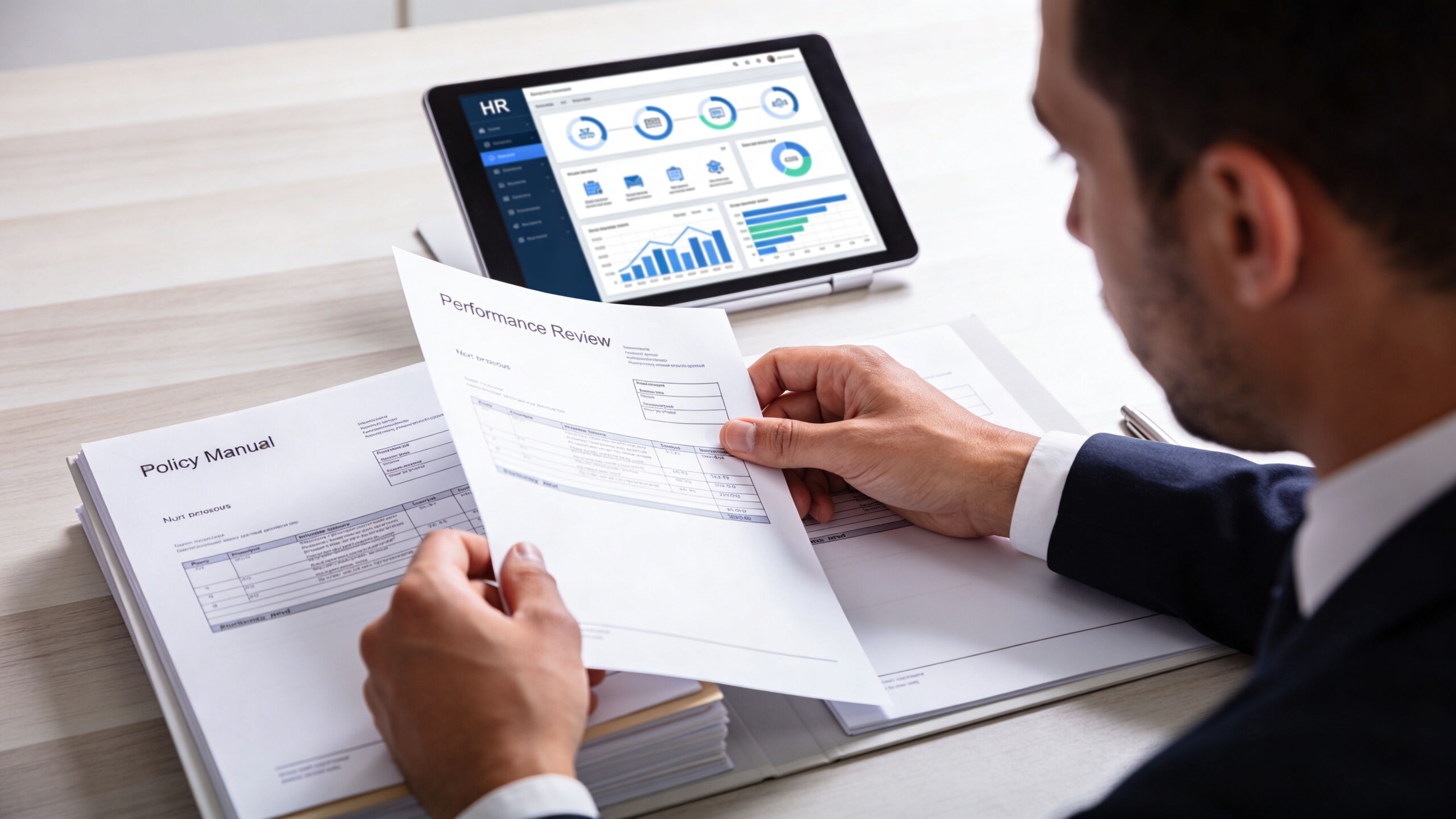 A professional analyzing a performance review document and HR analytics dashboard on a digital tablet.
