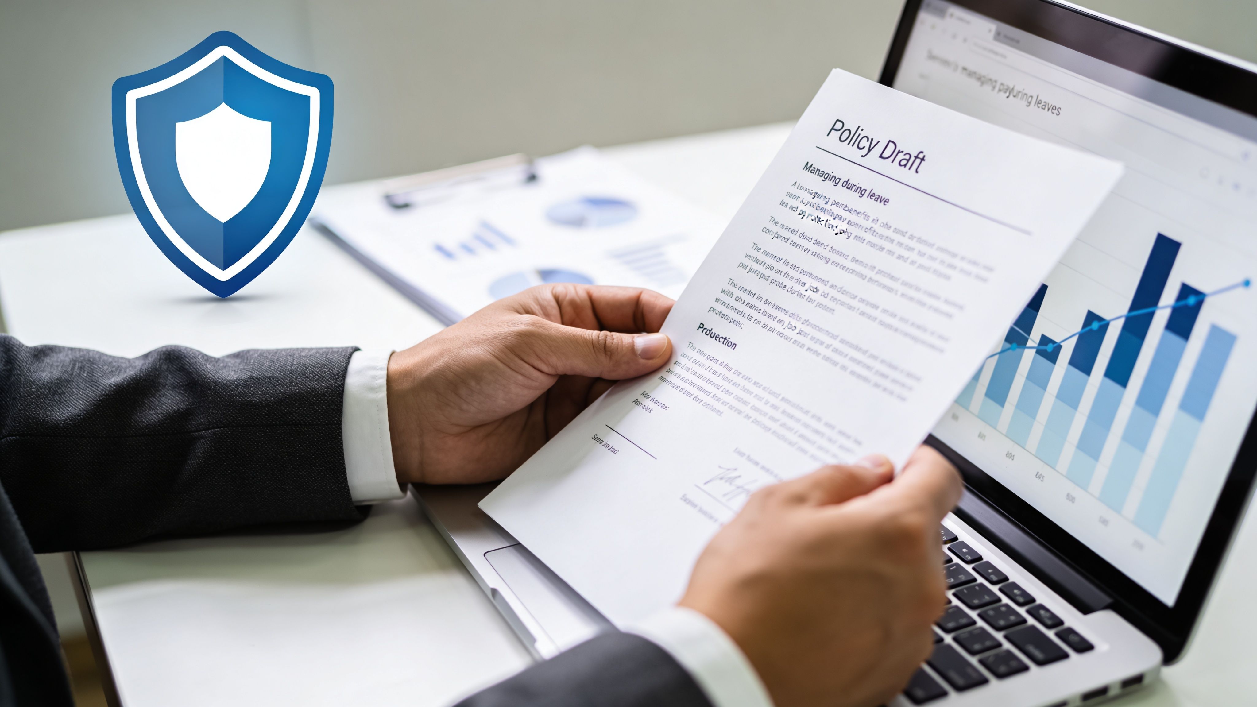 A professional reviewing a policy draft document about managing sabbatical leave rules in an office environment.