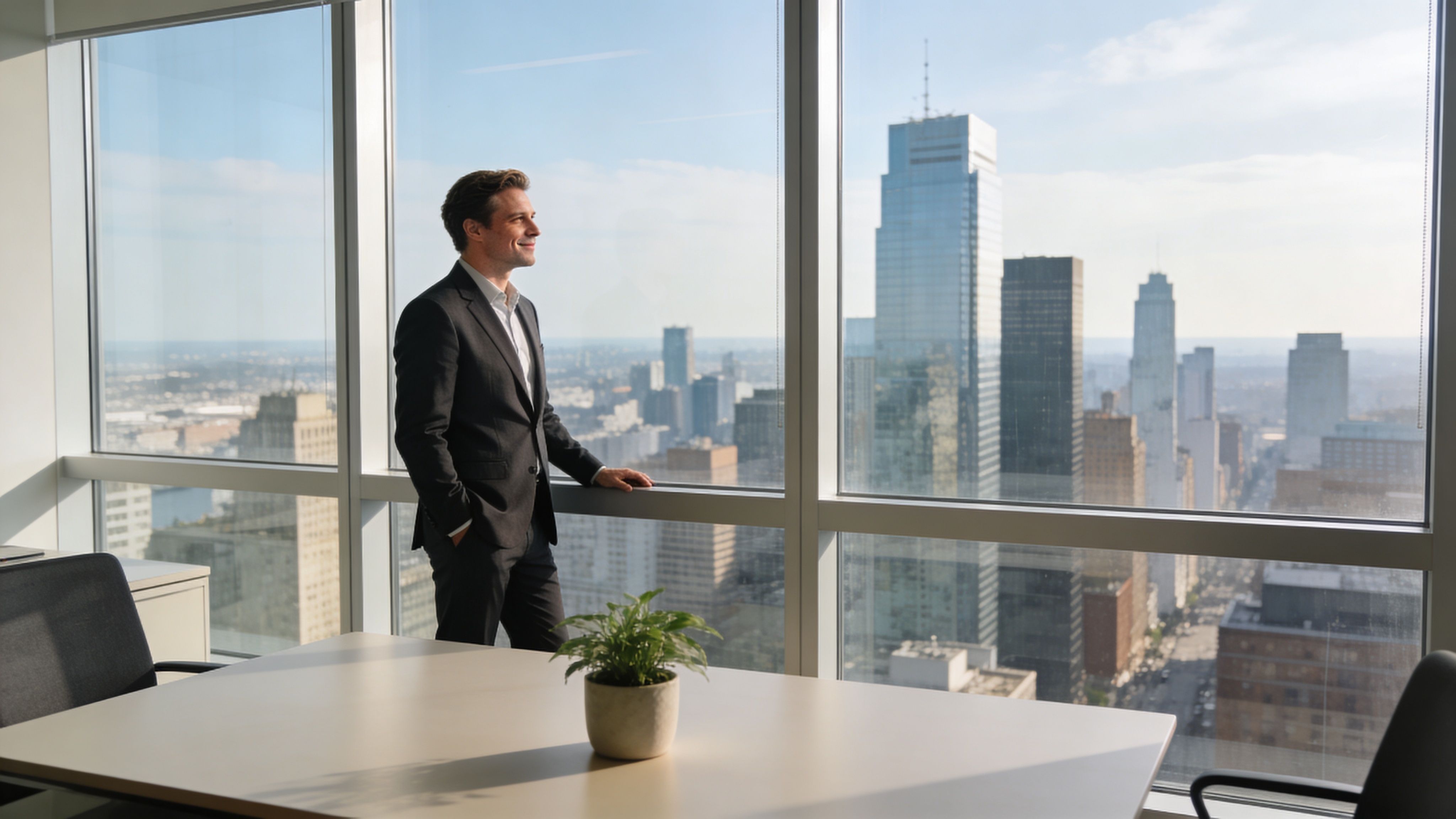 A professional man in a business suit stands looking out of a large office window at the city.