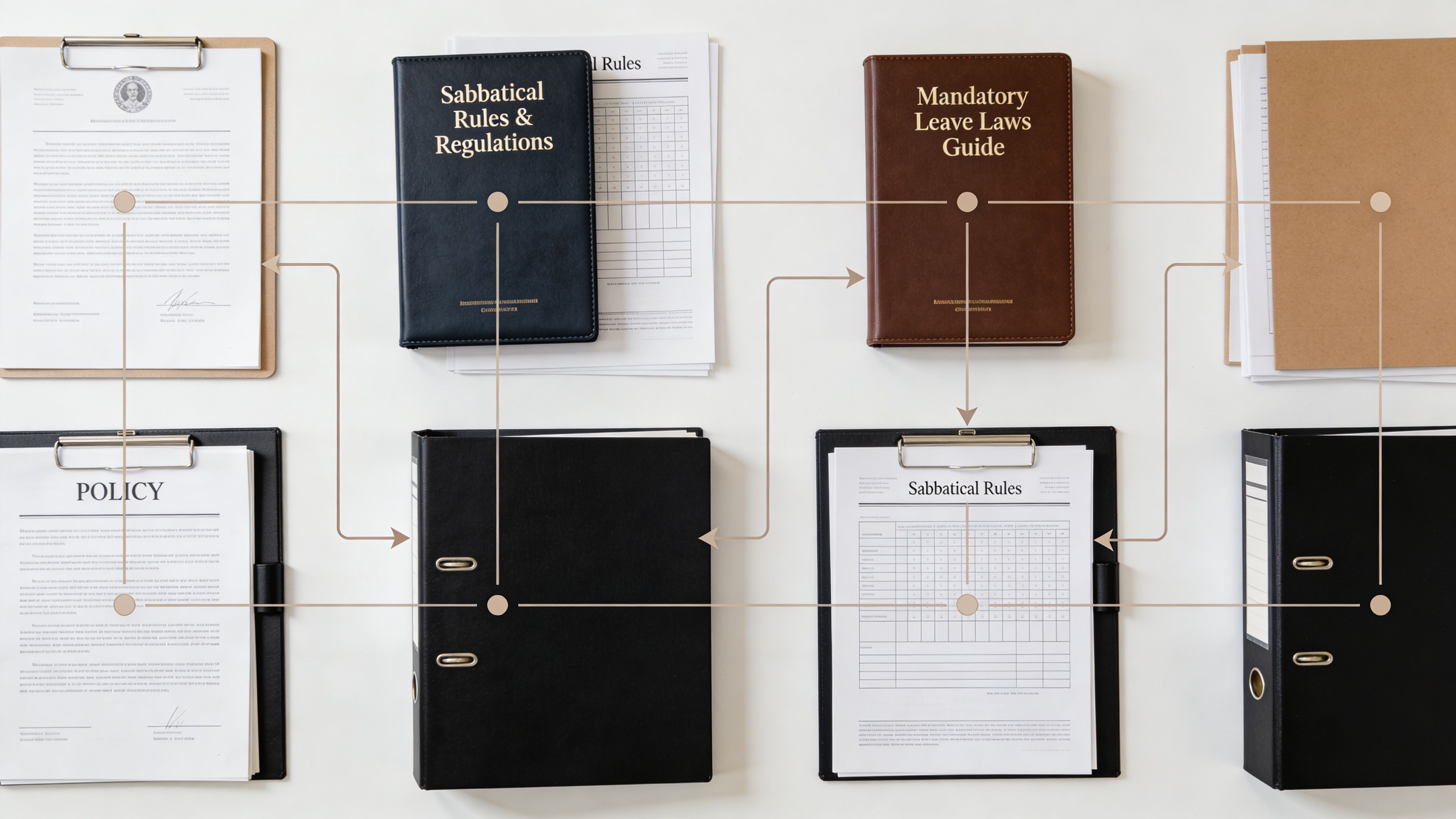 A flat lay view of office supplies, binders, and manuals documenting sabbatical leave rules and regulations.
