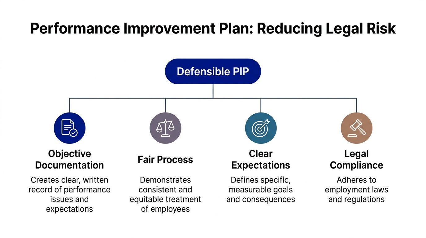 A diagram outlining the four key pillars of a defensible Performance Improvement Plan to reduce legal risk.