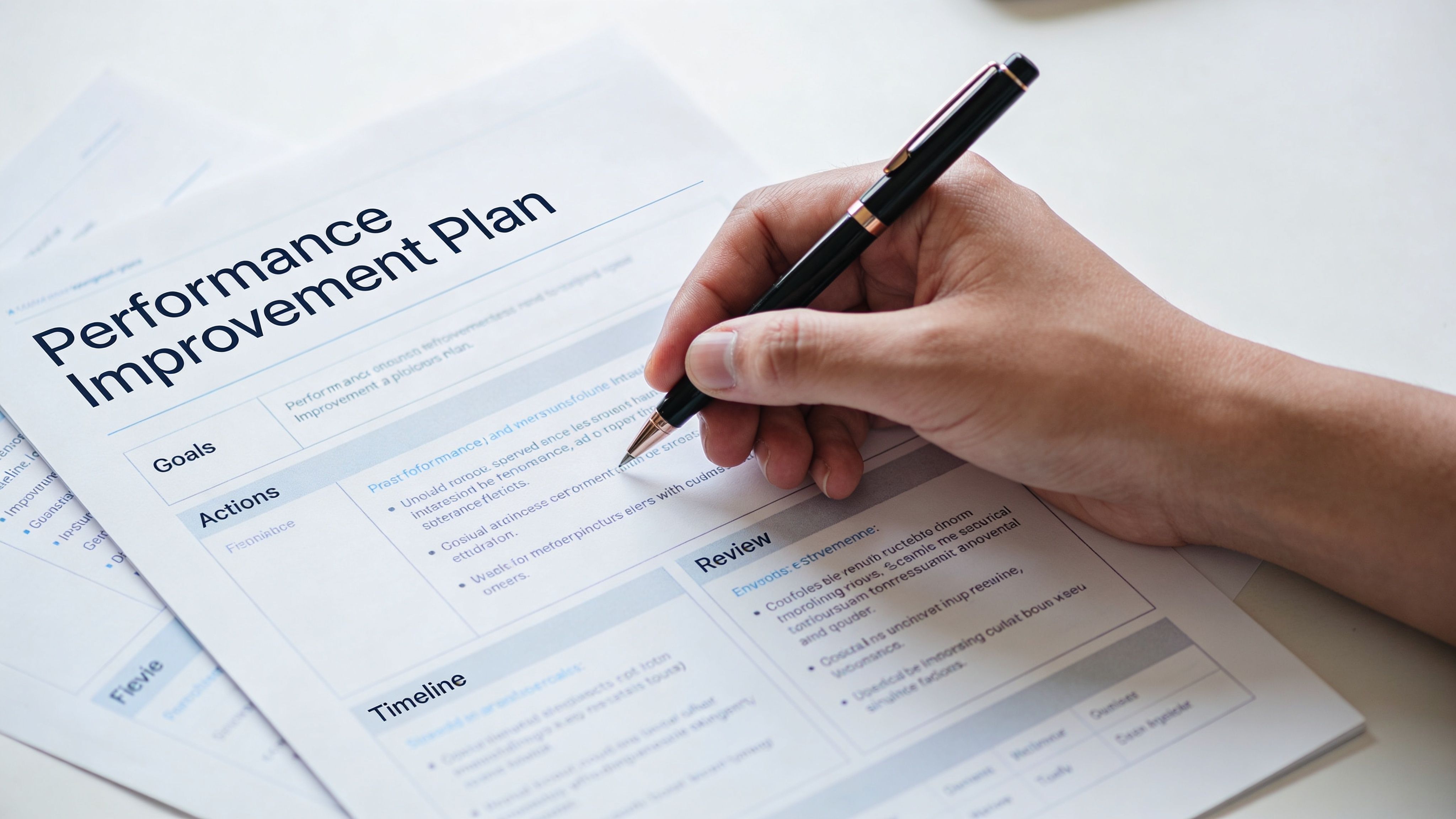 A close-up view of a person hand writing on a Performance Improvement Plan document with a pen.