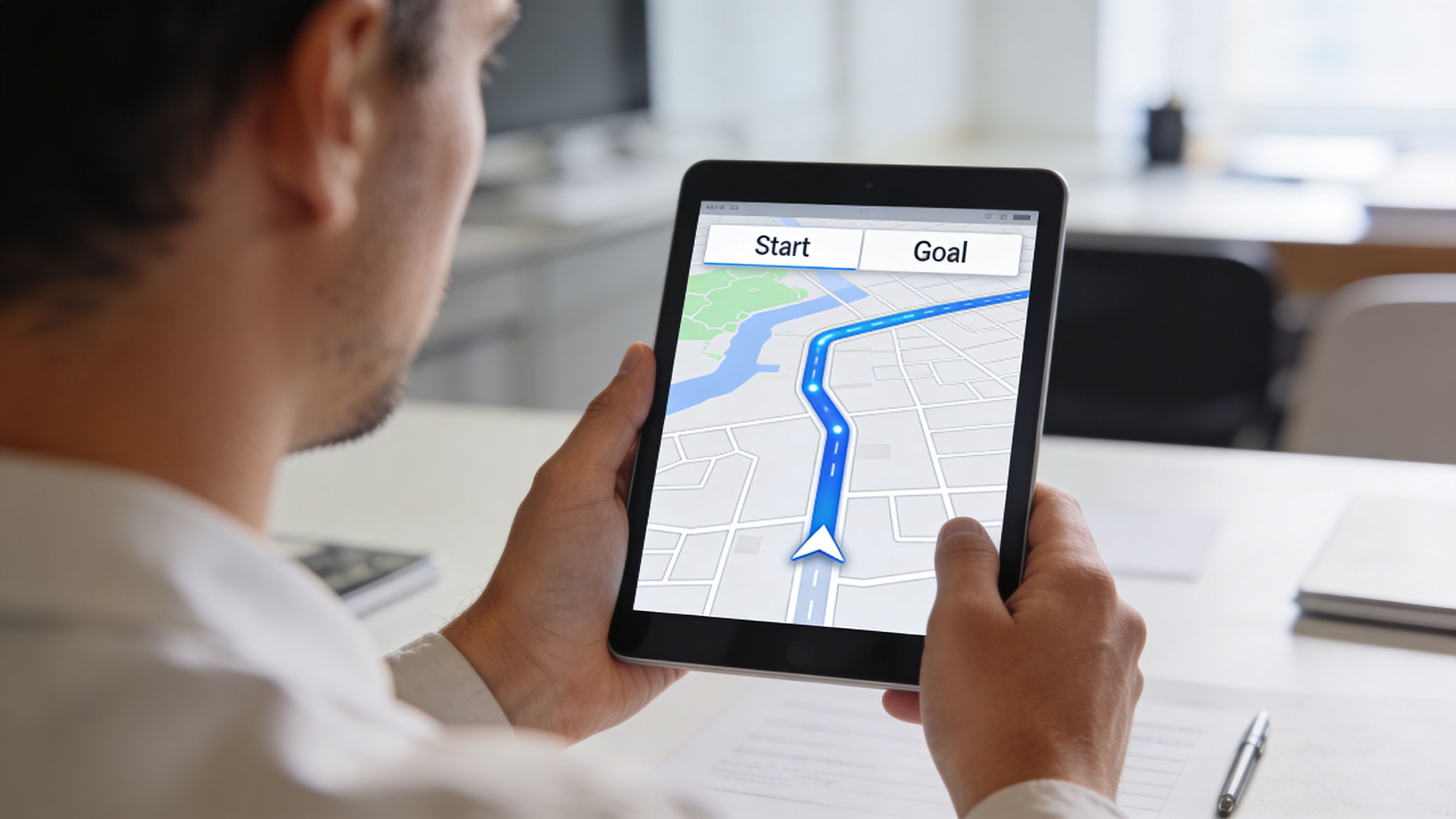 A person viewing a navigation route on a tablet screen while working at an office desk.