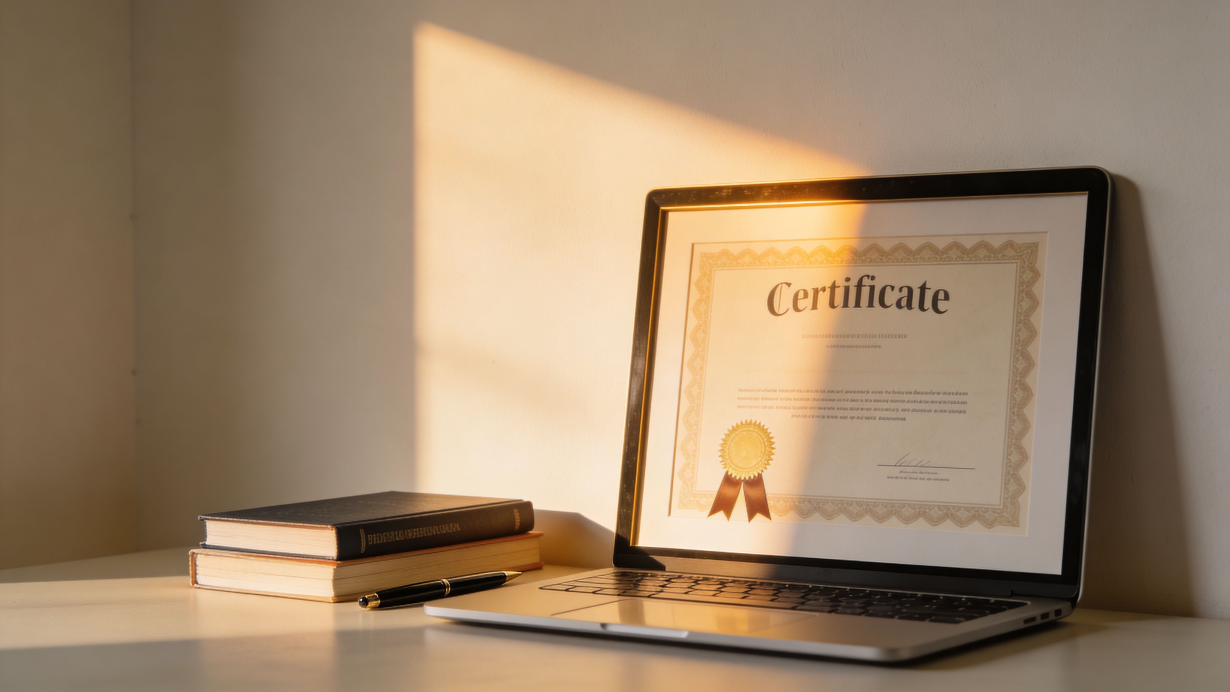 A digital certificate displayed on a laptop screen next to books and a pen on a desk.