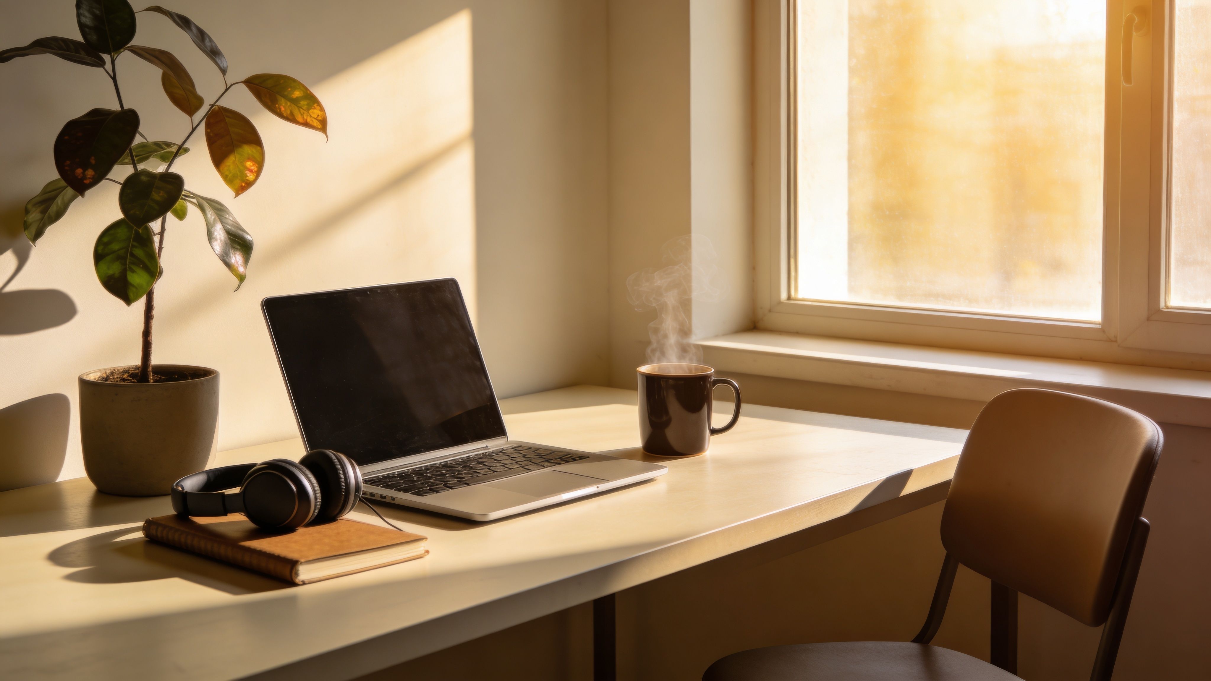 A serene workspace with a laptop, steaming coffee, headphones, and a houseplant bathed in golden sunlight.
