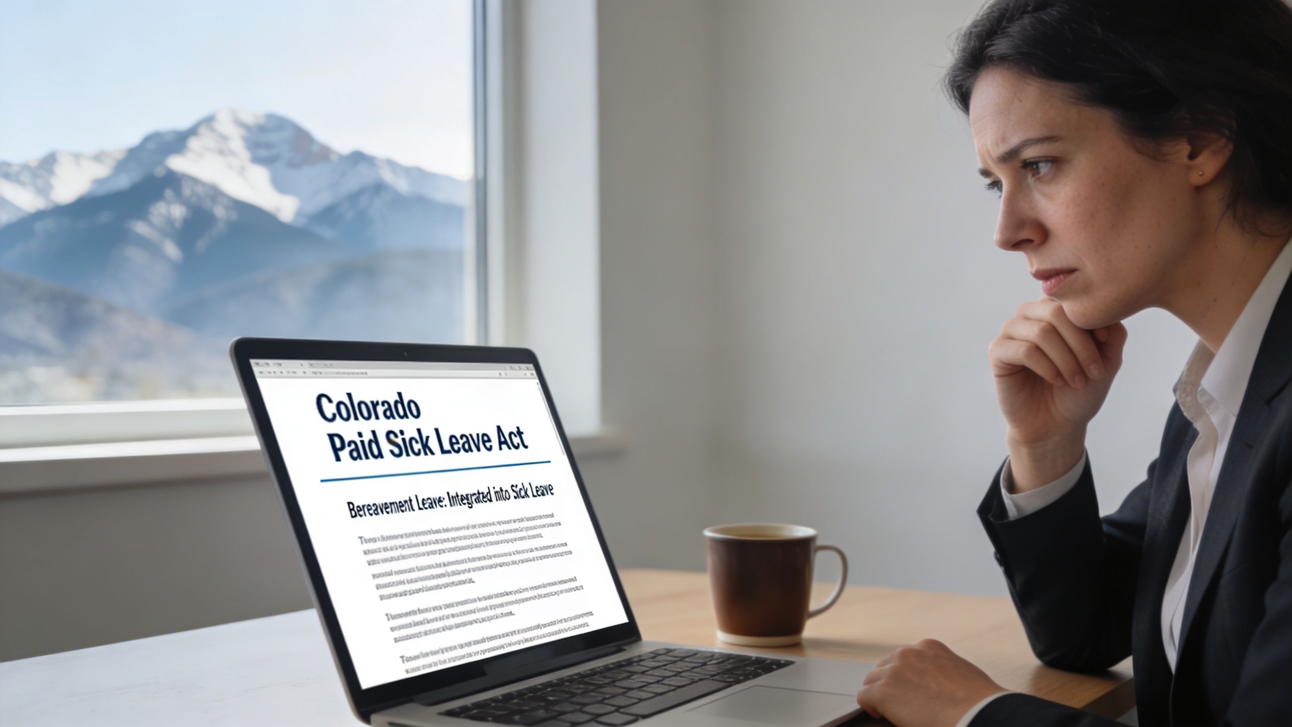 A professional woman reading about the Colorado Paid Sick Leave Act on a laptop near a mountain window.