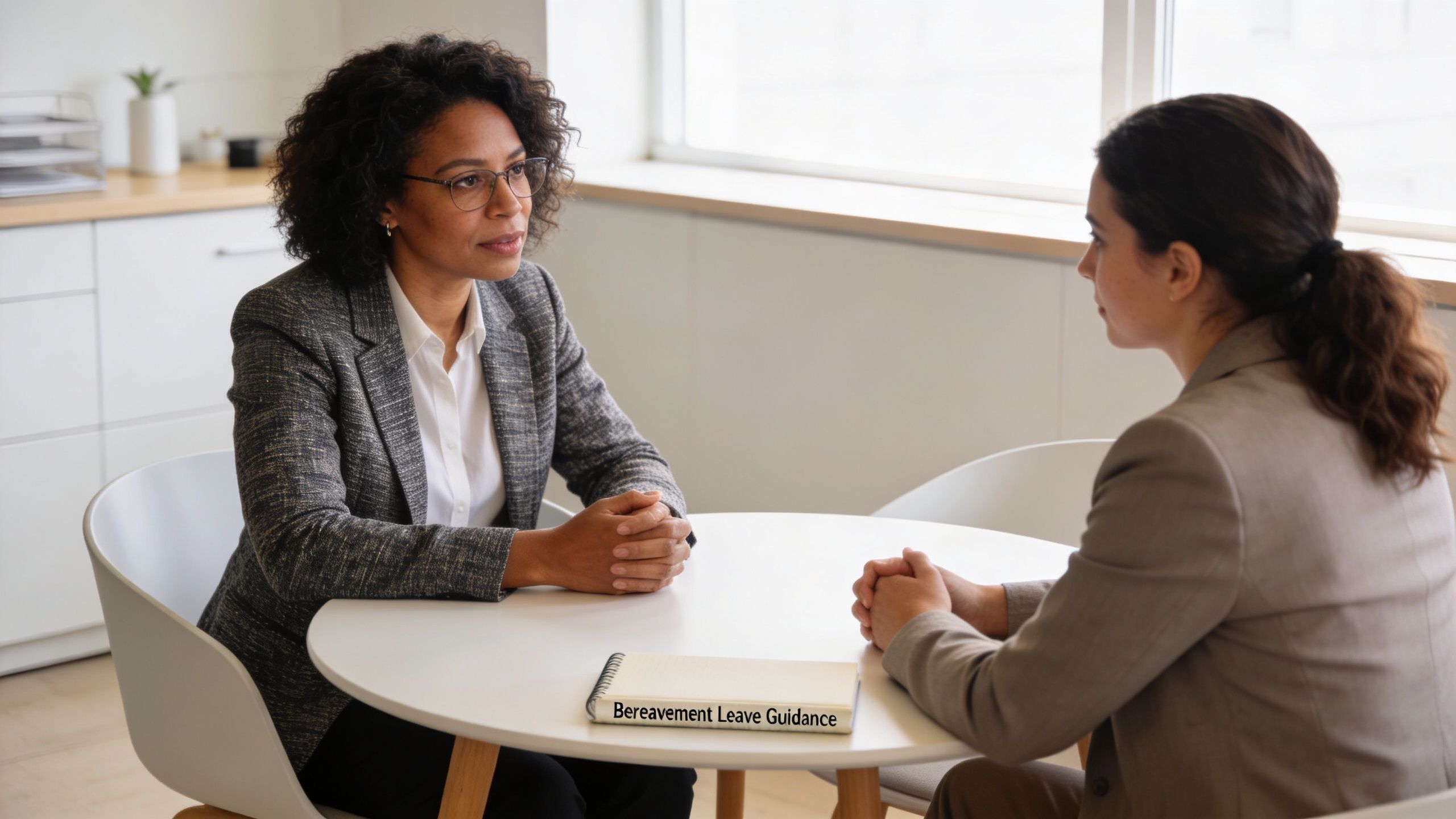 A professional woman in a gray blazer speaks with a colleague during a bereavement meeting.