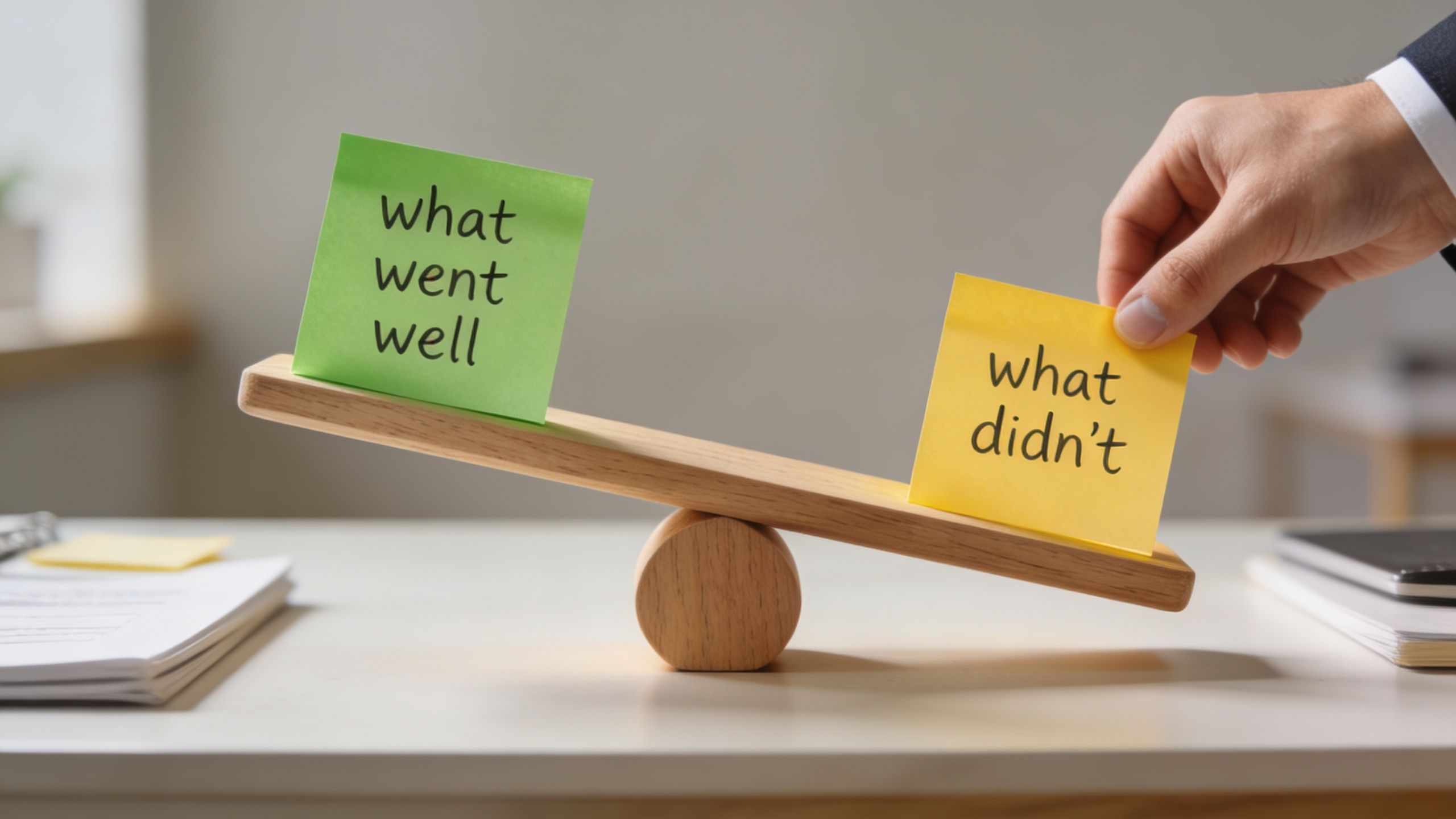 A hand places a yellow sticky note on a wooden balance scale representing feedback and performance evaluation.