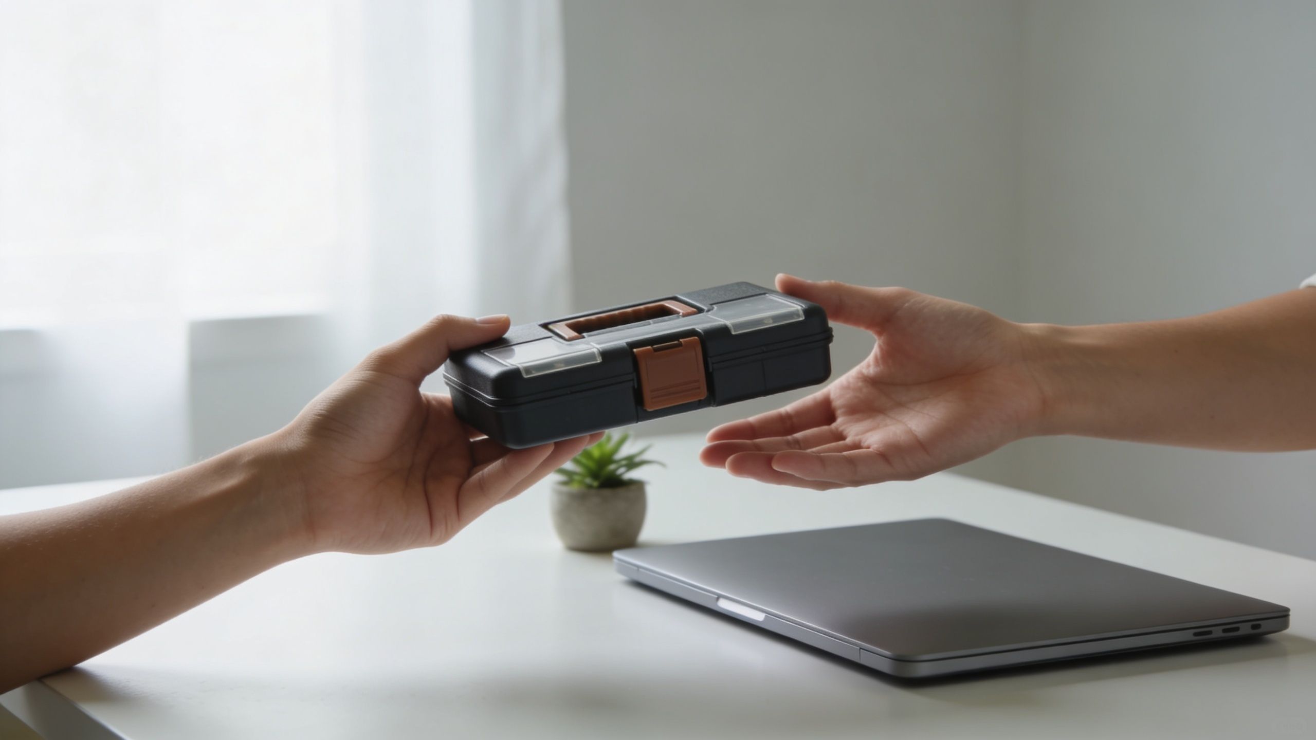 A person handing a small black portable tool box to another person over a white office desk.