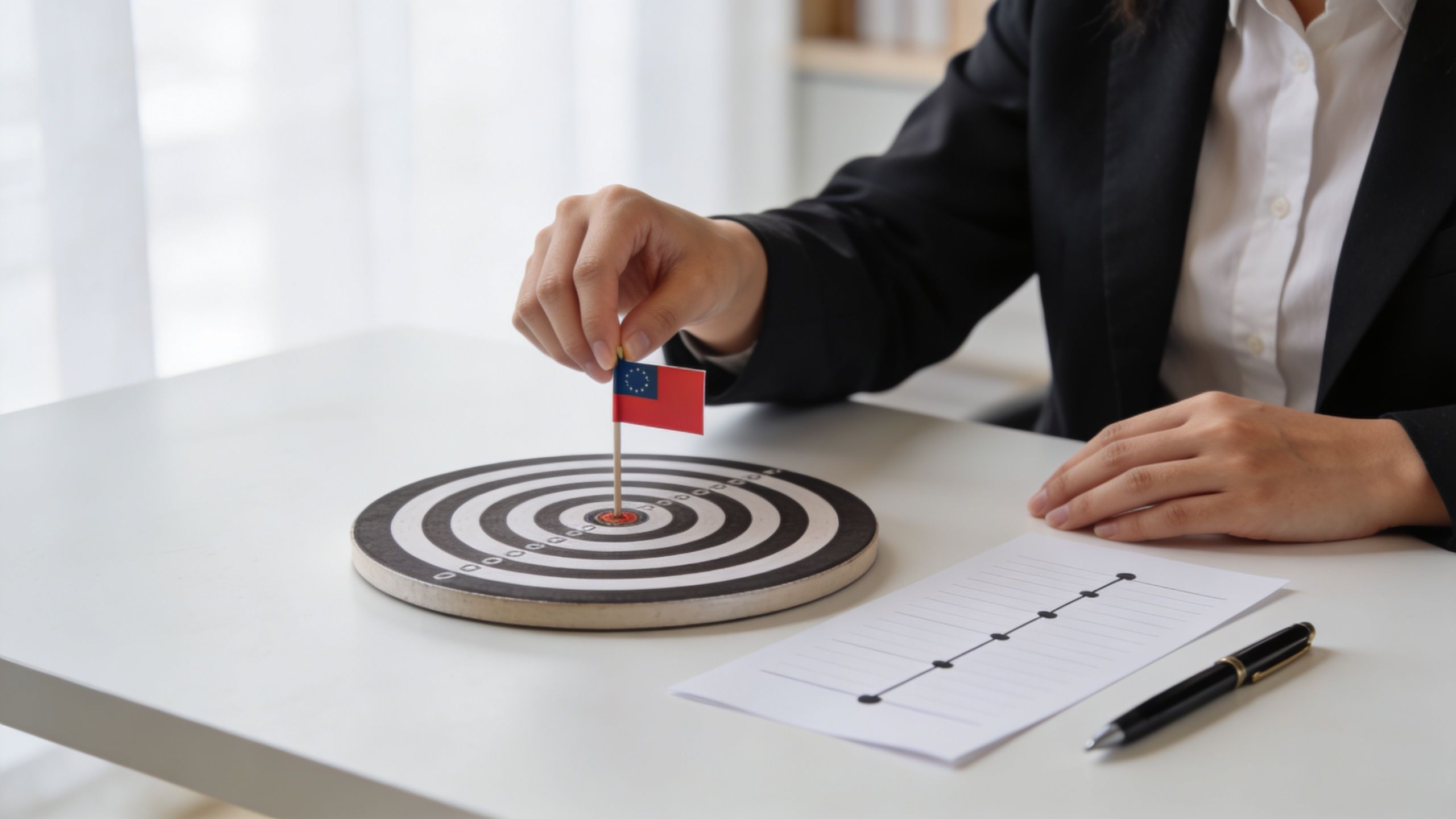 A business professional placing a flag with European Union stars on a target, representing goal achievement and strategy.