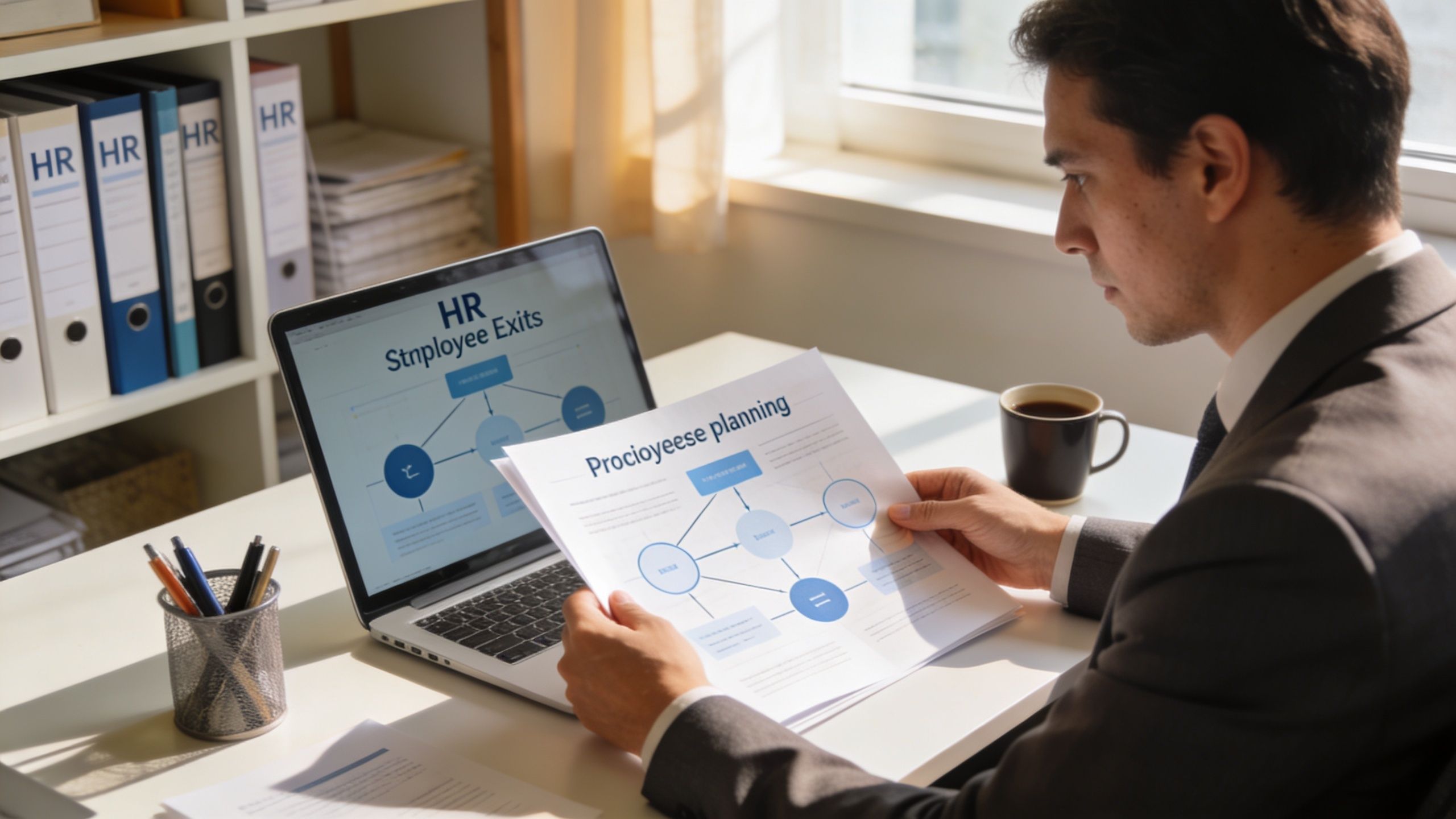 A professional man in a suit reviews an employee exit planning chart at his desk with a laptop.