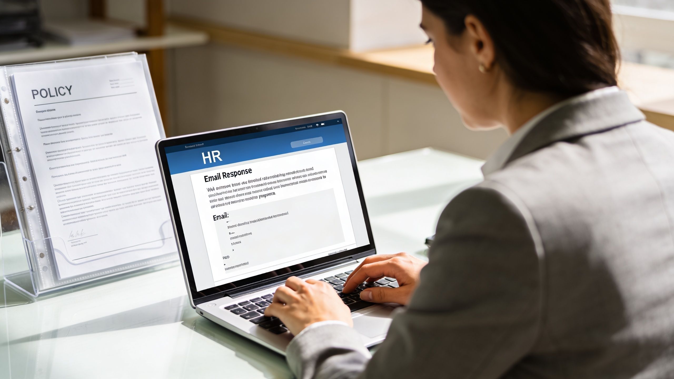 A professional woman in a suit writing a human resources email on her laptop at an office desk.