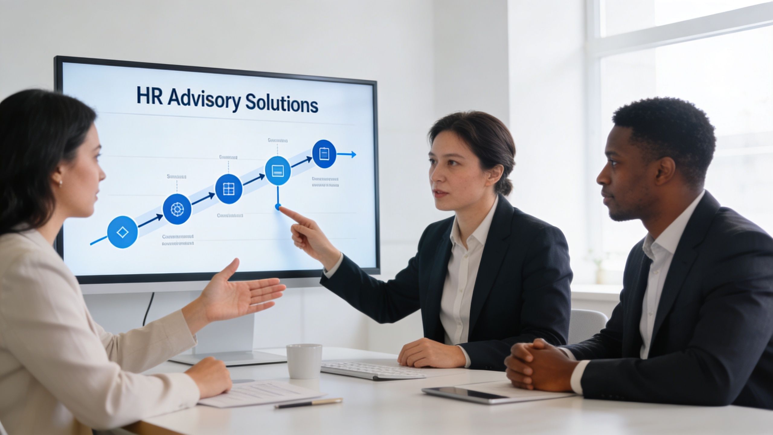 A professional team discussing HR Advisory Solutions strategies during a business meeting in a modern office.