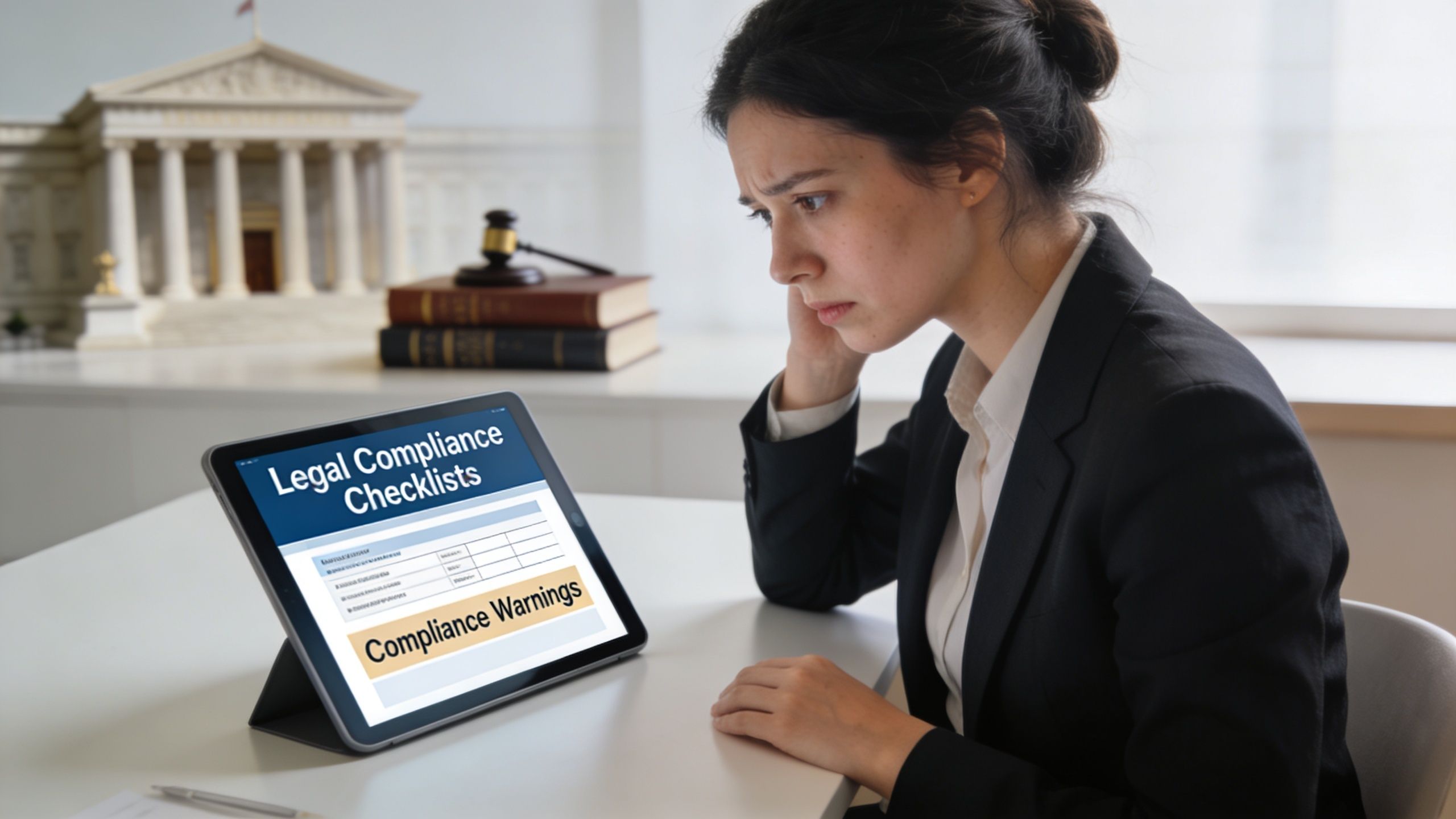 A concerned woman looks at a tablet screen displaying legal compliance checklists and compliance warnings in an office.