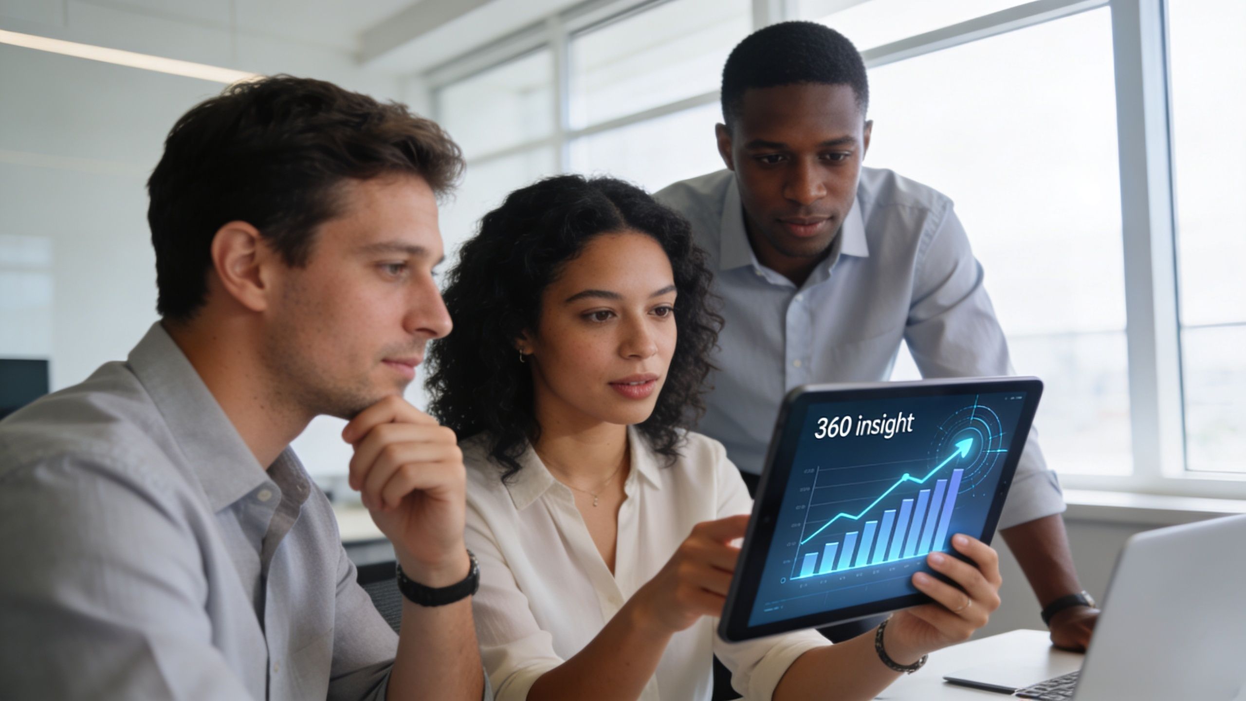 A diverse business team looking at growth data on a tablet for a 360 degree review.