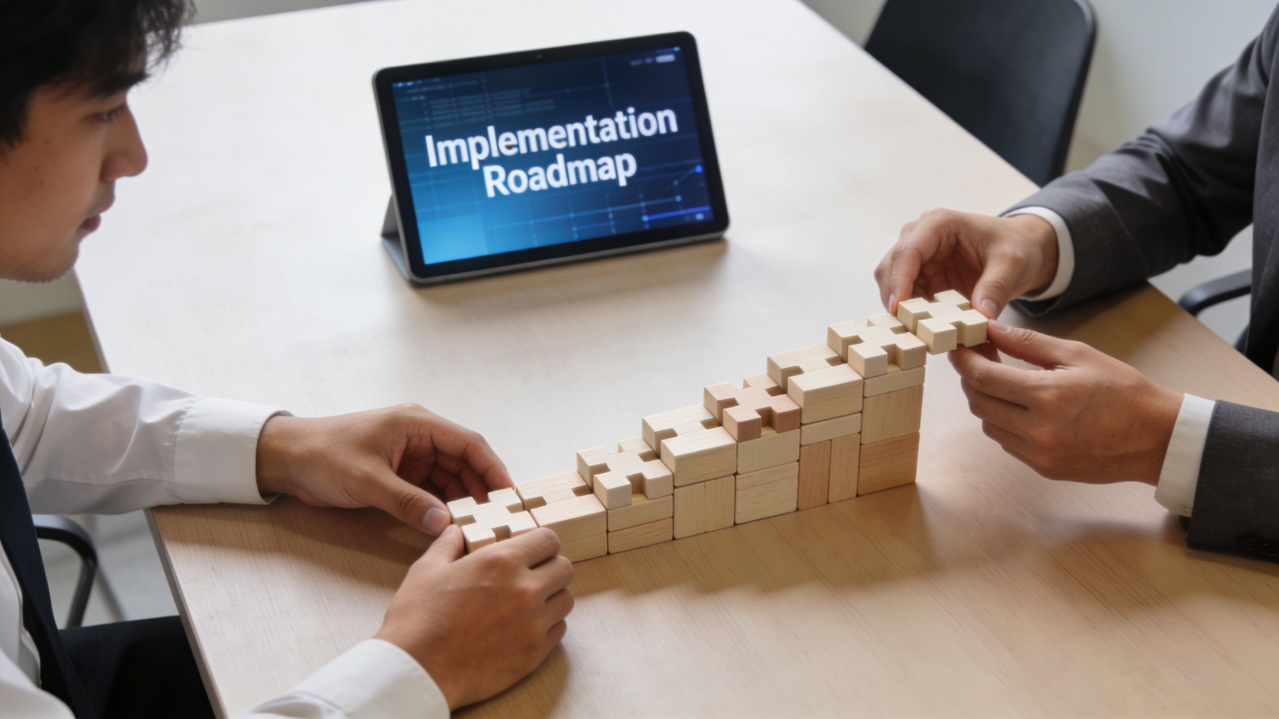 Two business professionals collaborating on a wooden block staircase puzzle representing an implementation roadmap for their strategy.
