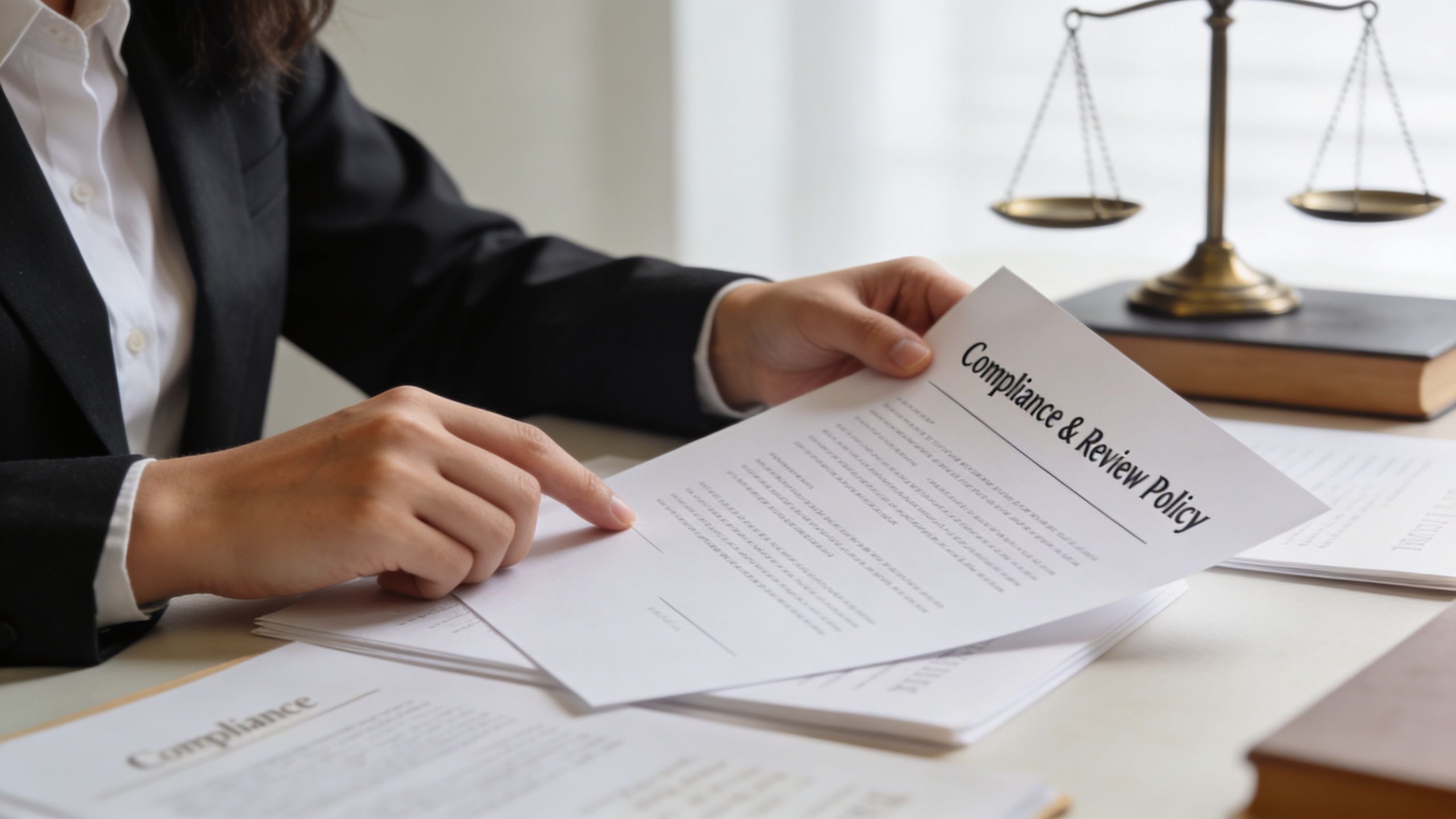 A professional in a suit reviewing a compliance and review policy document in an office setting.