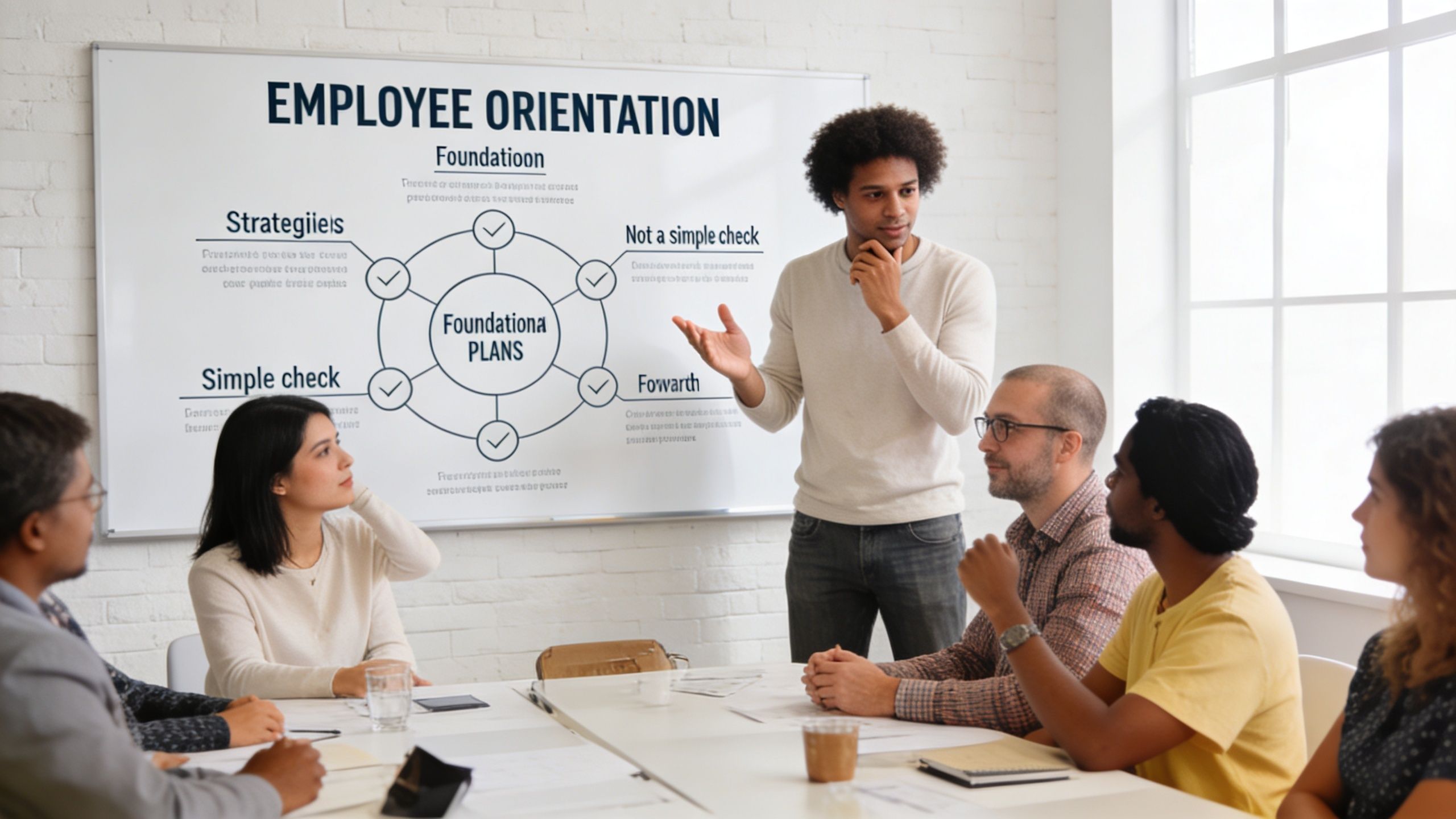 A presenter leads an employee orientation session for a team in a bright modern office meeting room.