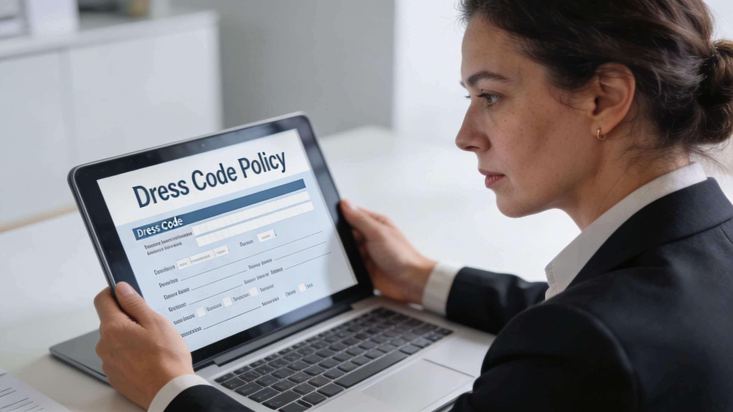 A professional woman in a suit viewing a dress code policy document on a laptop screen.