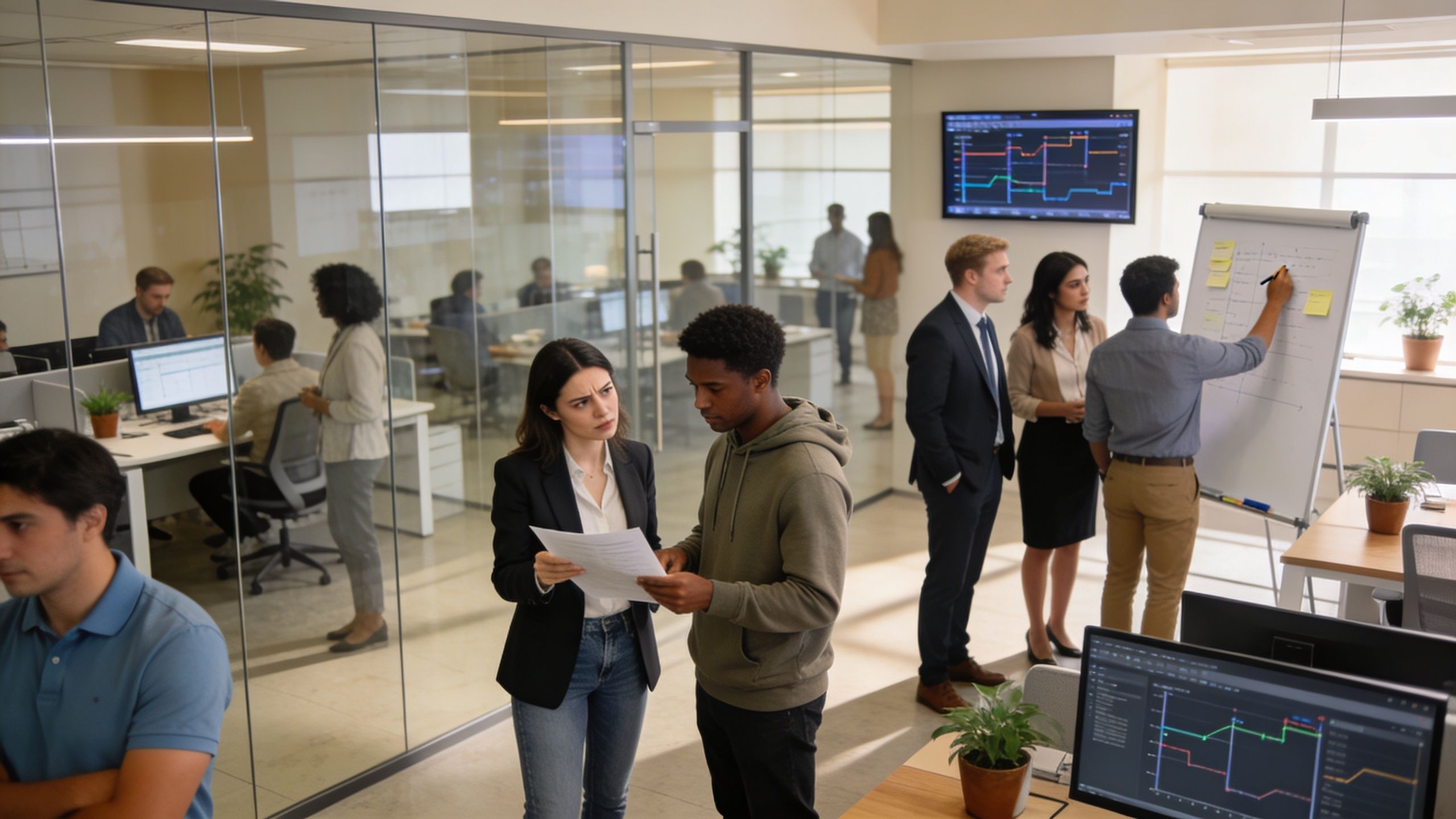 Diverse professionals collaborating in a modern office, discussing documents and presenting ideas on a whiteboard.