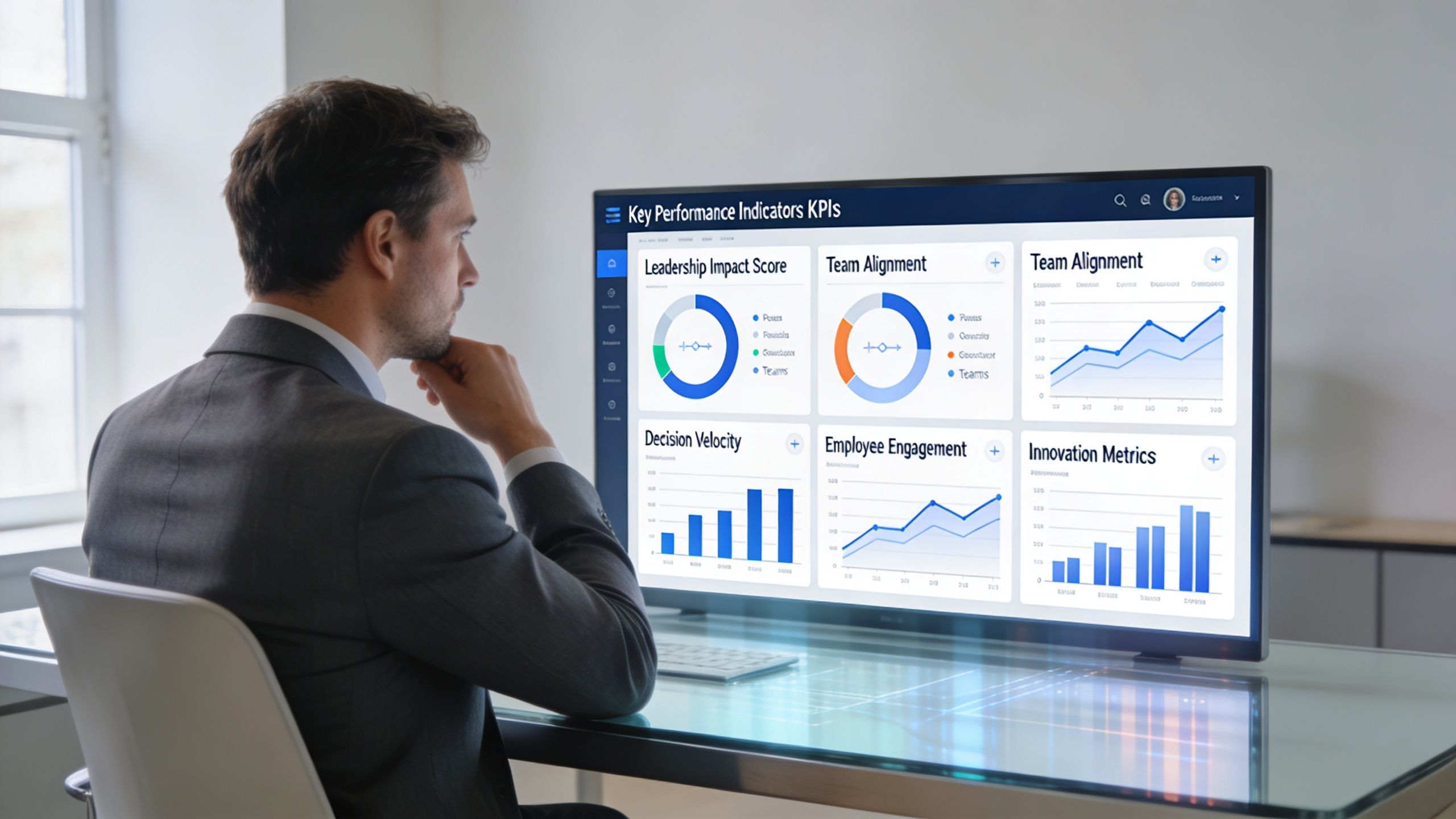 A businessman in a suit sitting at a glass desk reviewing performance analytics on a large computer monitor.