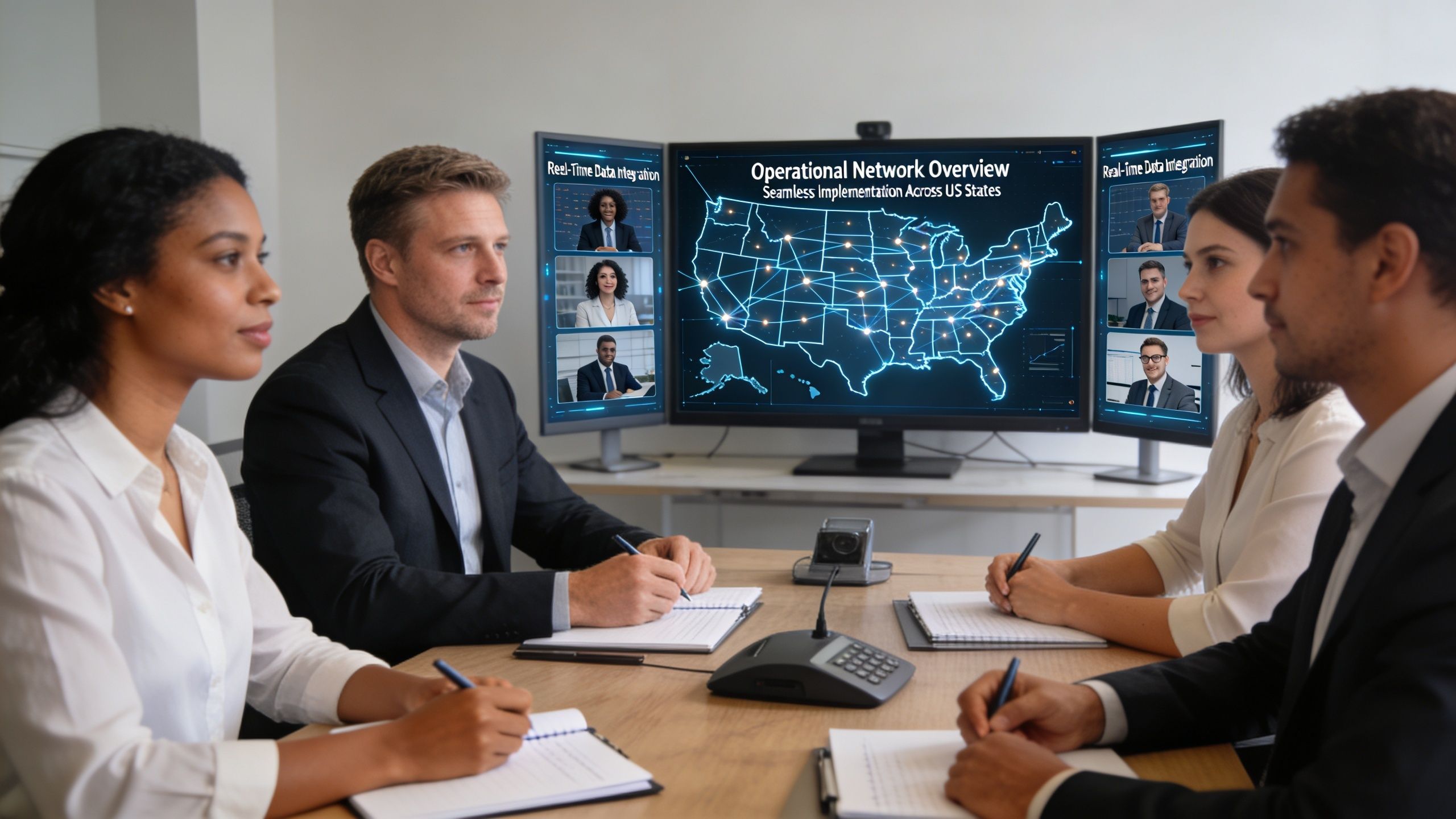 A professional team in a conference room discussing strategy with digital map visualizations on computer screens.