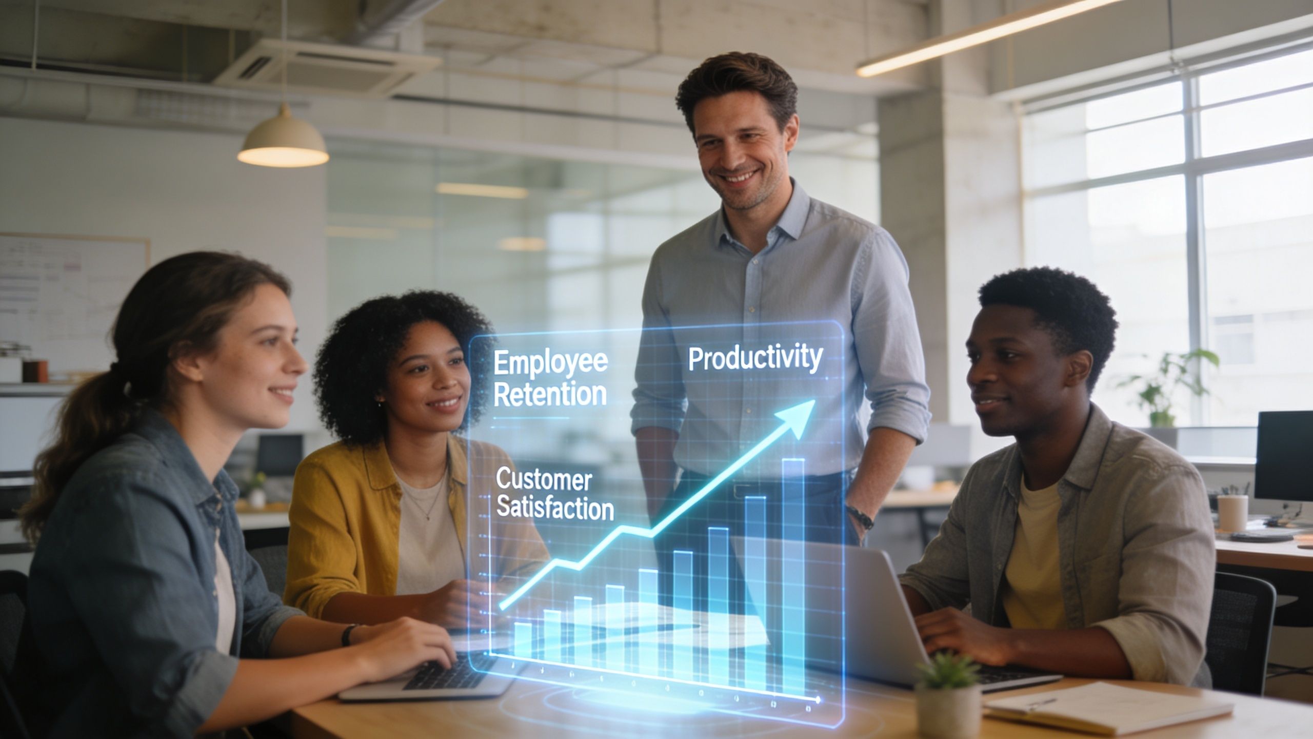 A professional team in an office reviews data on a futuristic holographic business performance projection display.