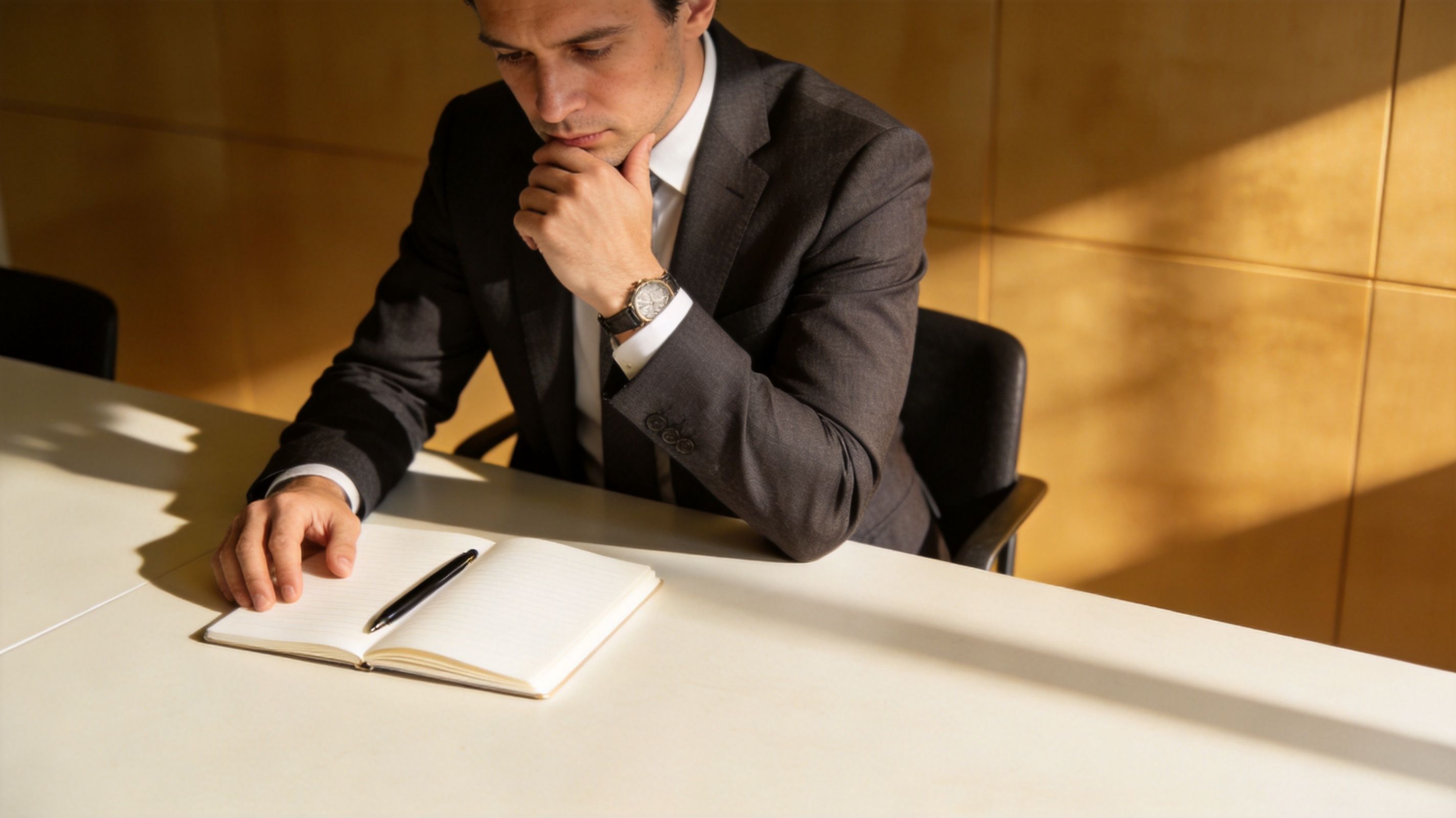 A professional man in a suit sits at a desk thoughtfully looking at an open notebook.