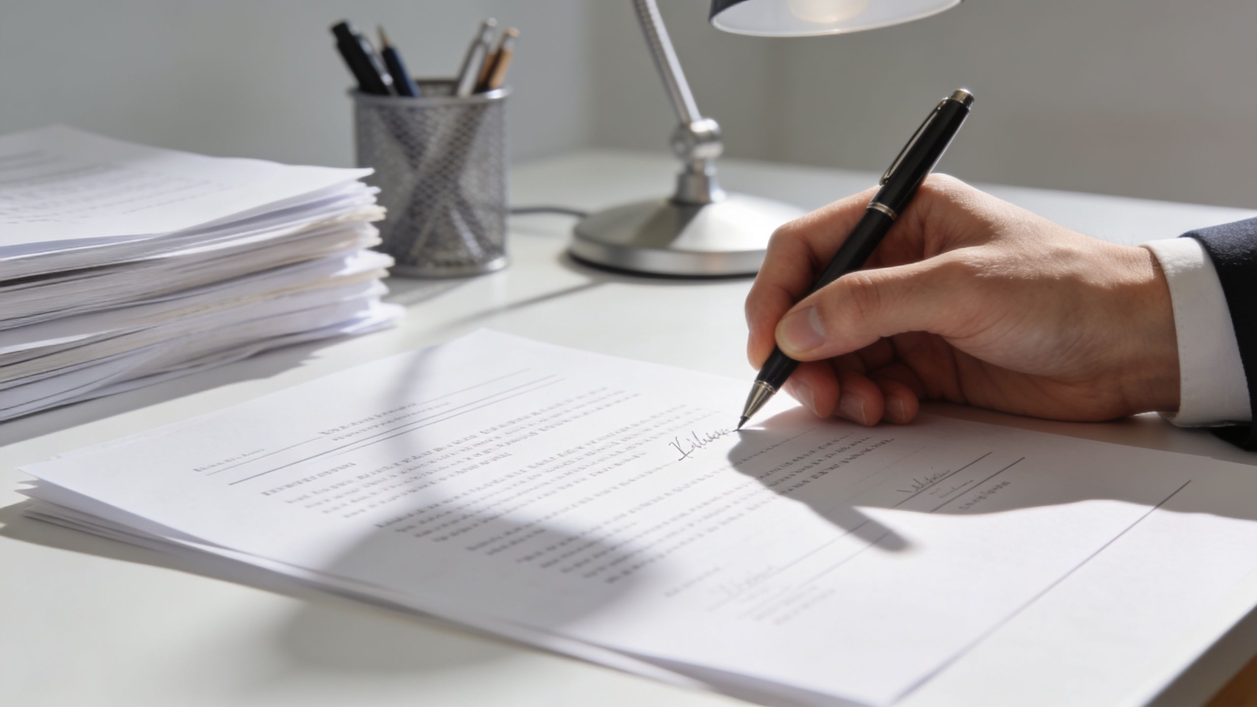 A professional hand signing a legal document on a desk with a lamp and paperwork.