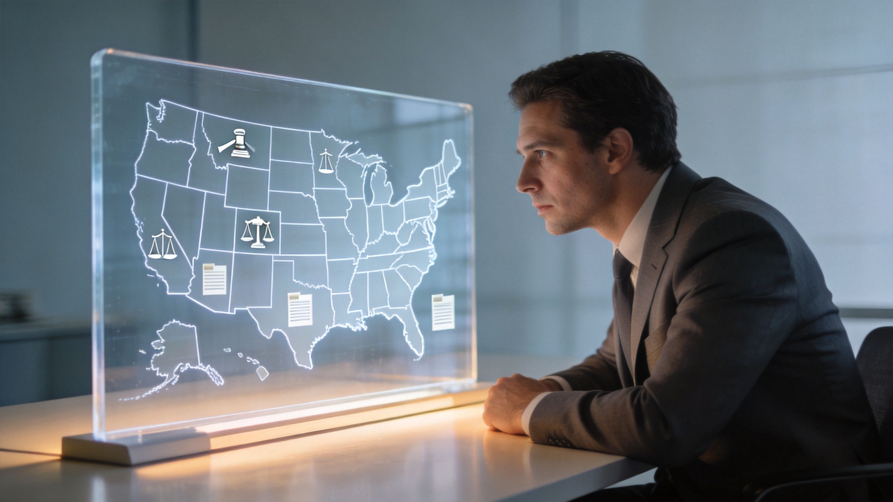 A professional man in a suit examining a digital map of the United States with legal symbols.