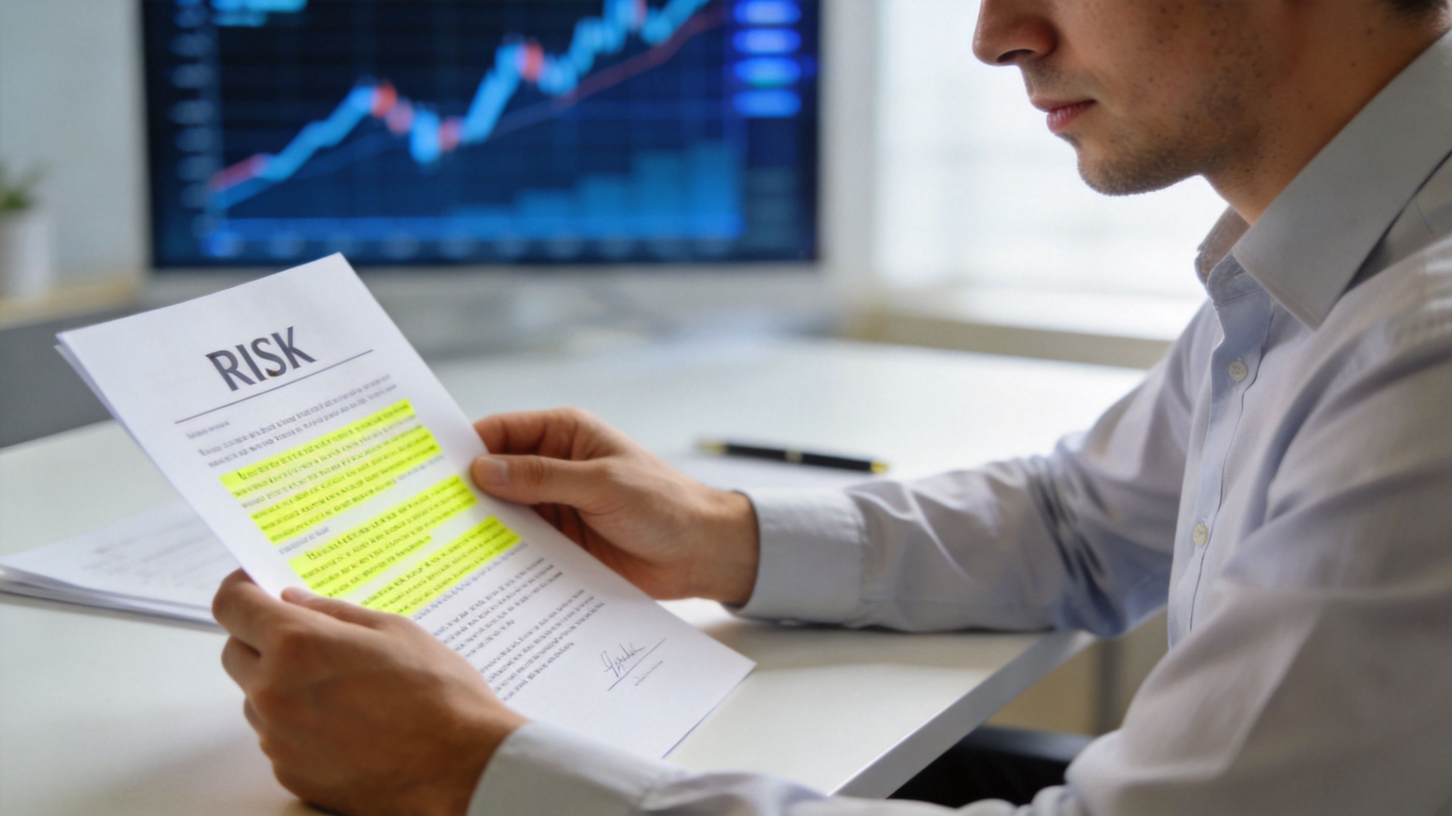 A professional man reviewing a document about risk while looking at financial trading charts on a screen.