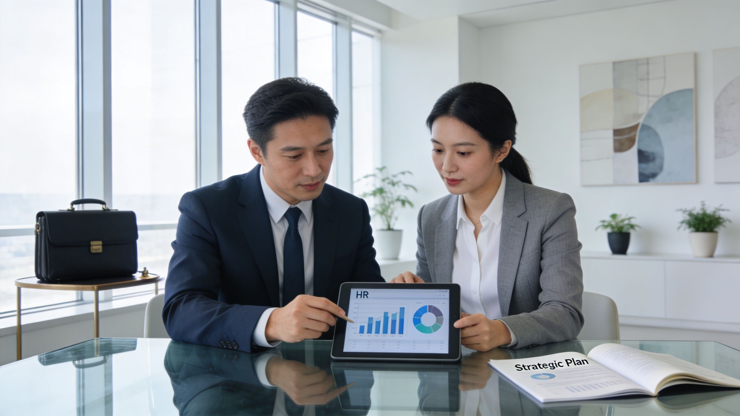 A professional man and woman discussing human resources data on a tablet during a business meeting.