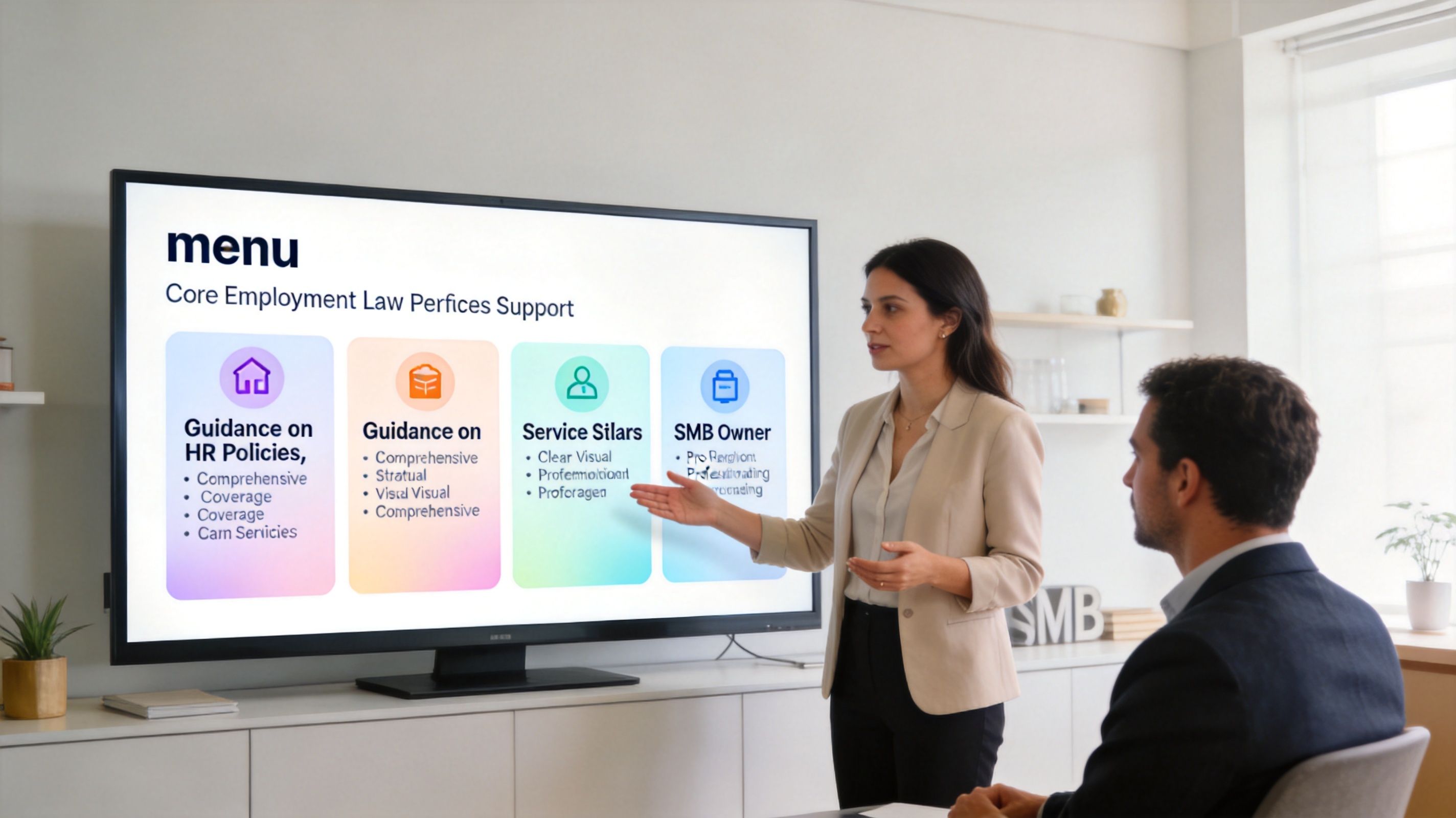 A professional woman presenting employment law services to a male colleague in a modern office boardroom.
