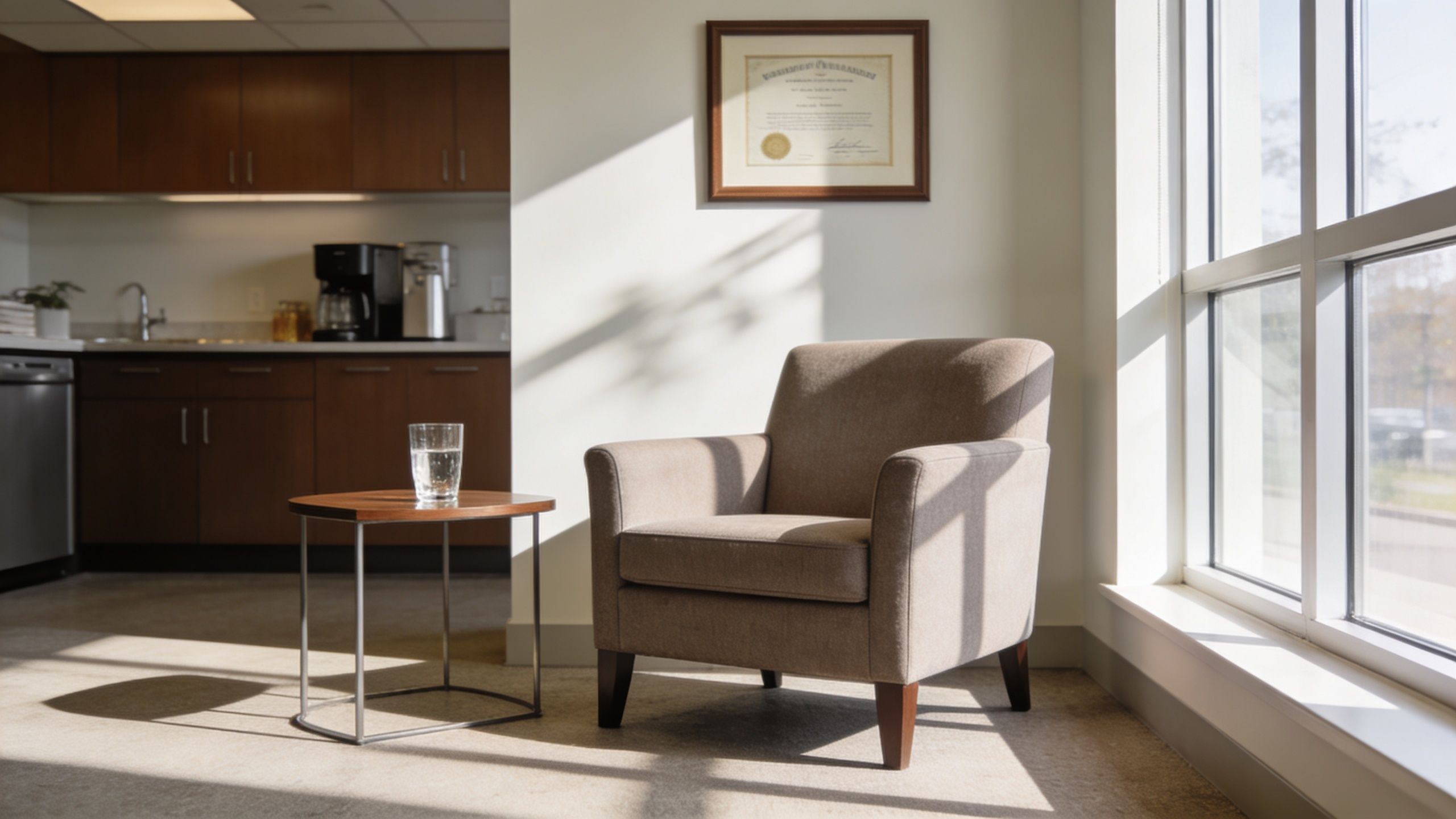 A cozy lounge area featuring a tan armchair next to a small wooden table with a glass of water.