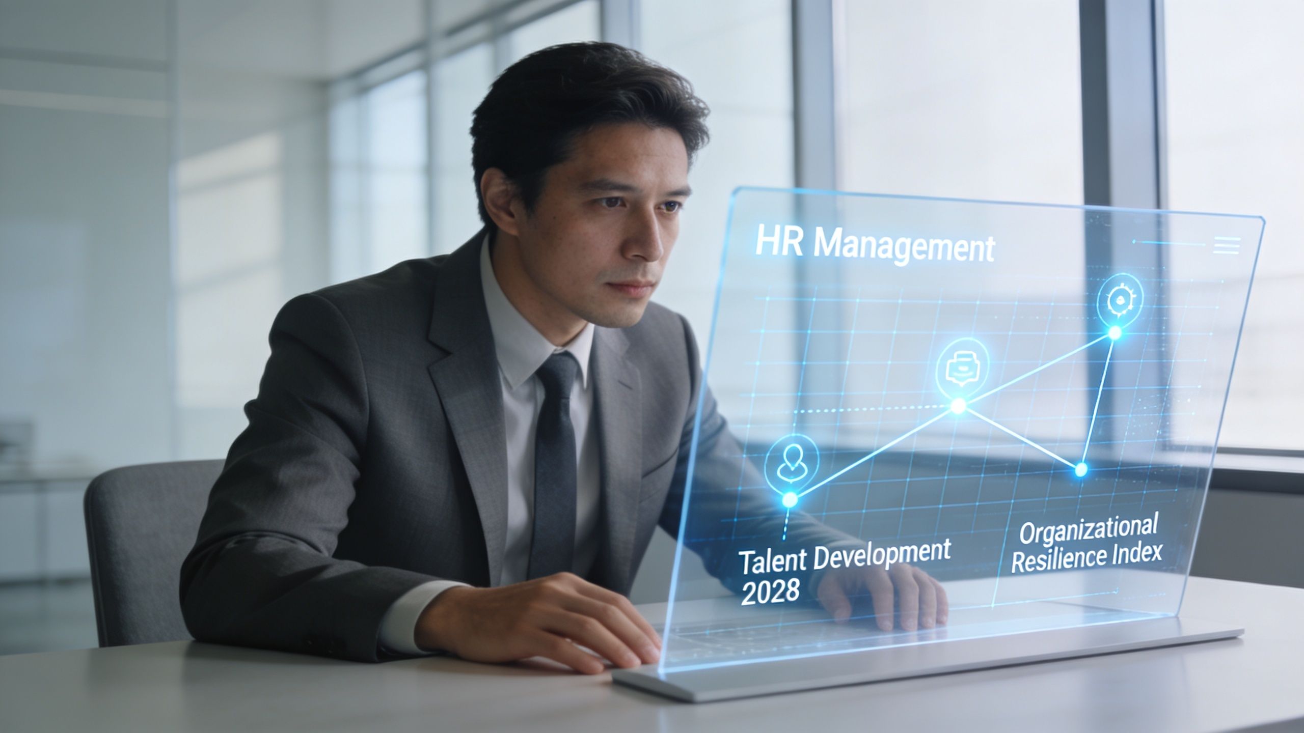 A professional man in a suit interacting with a digital holographic display showcasing HR management data analytics.