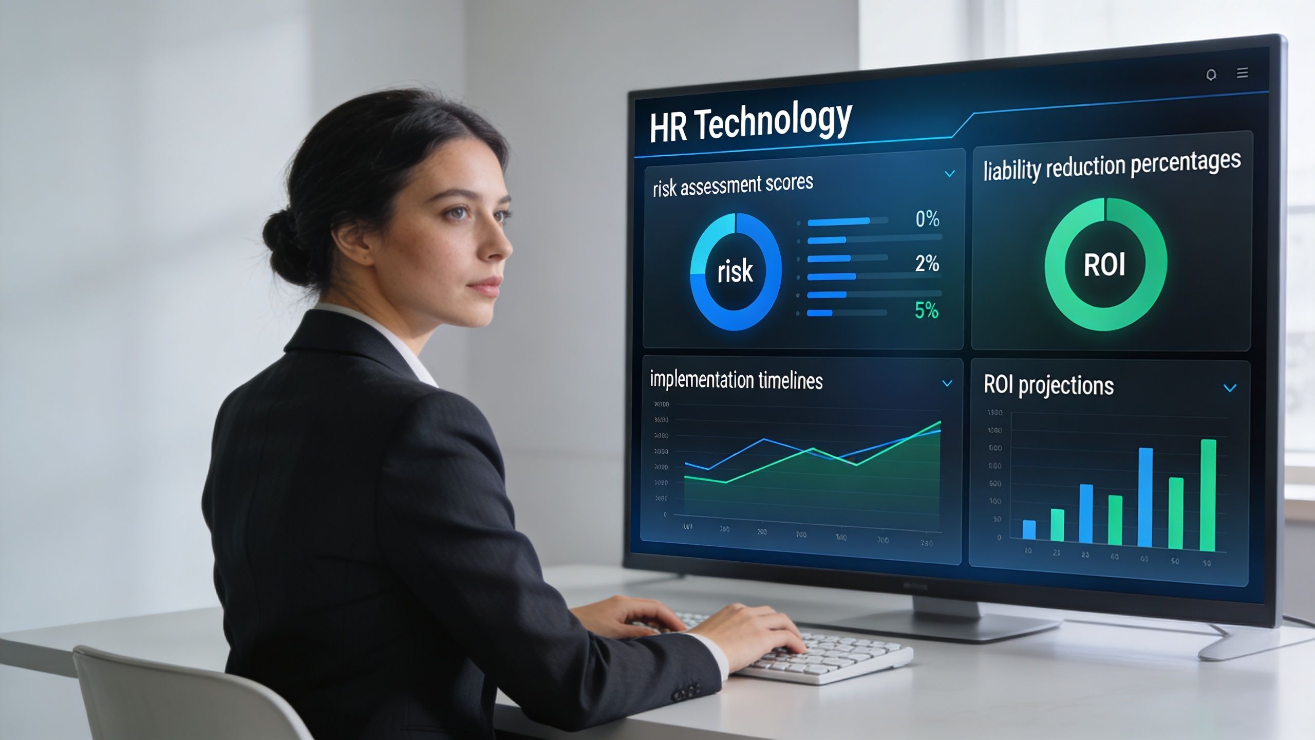 A professional woman in a suit looking at a computer screen showing HR technology and analytics dashboards.